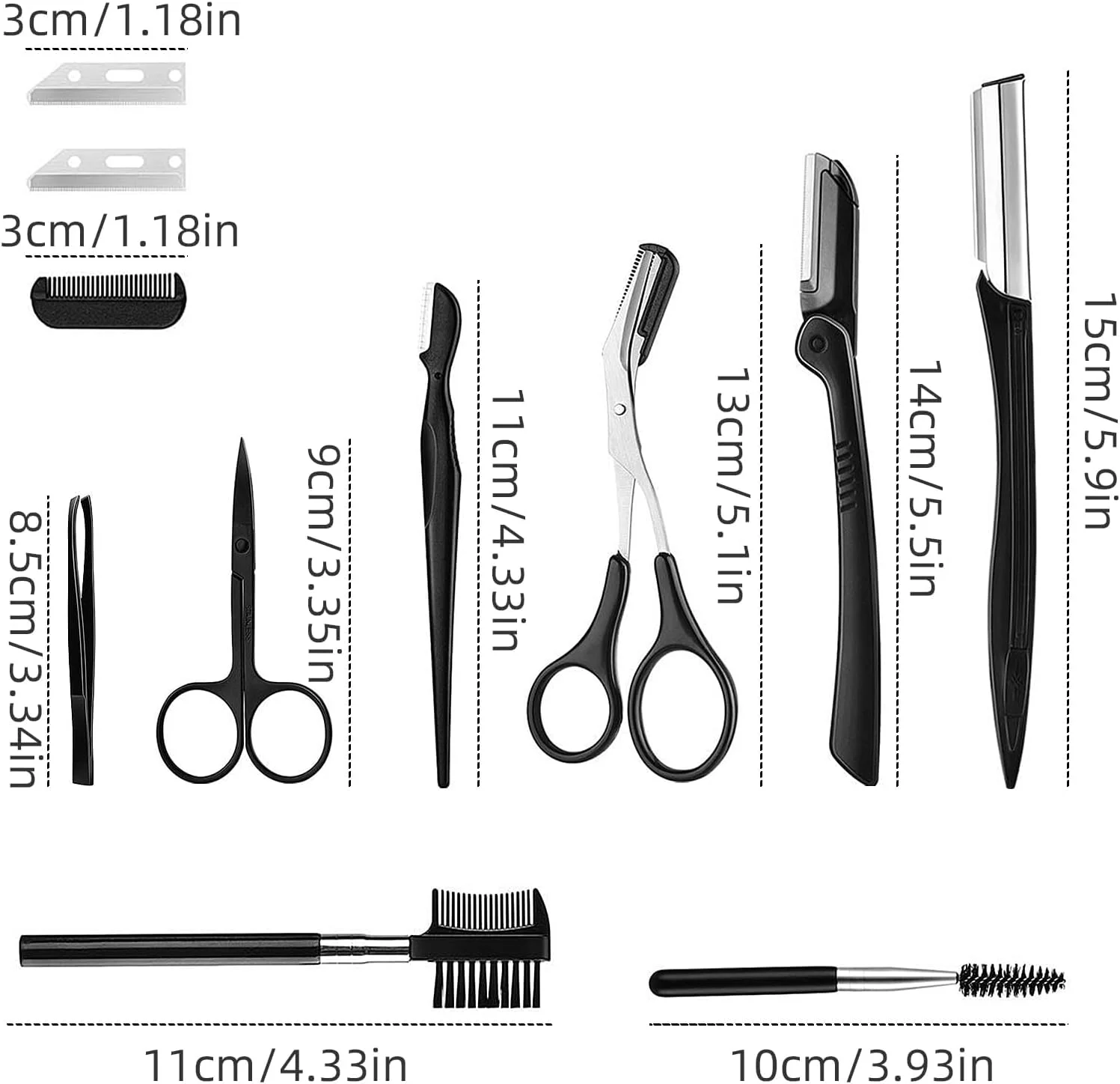 ست ابرو BIGTHREE، ست 11 تکه برای حالت دادن به ابرو، ست قیچی ابرو، شامل تیغ صورت، موچین، قیچی، شانه، تریمر، برس، ست ابزار آرایشی برای آقایان و بانوان (مشکی)