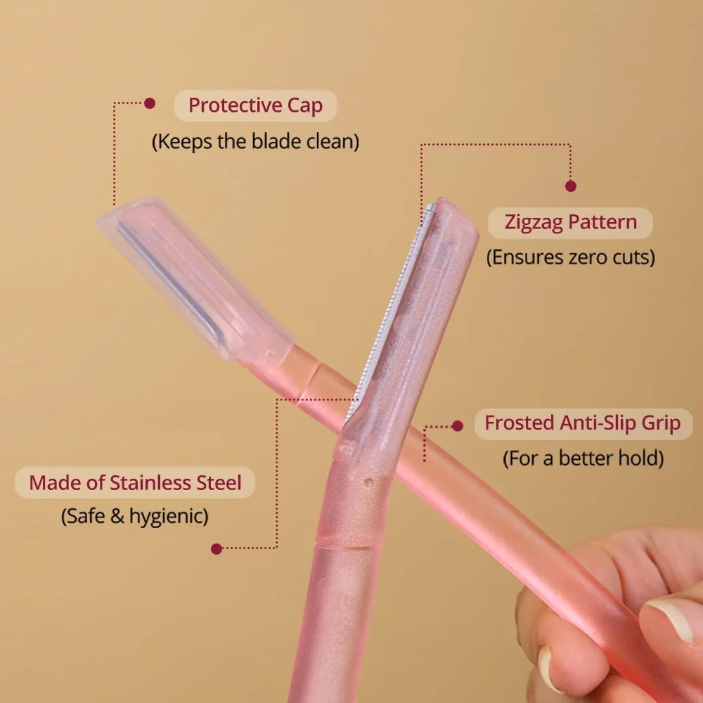 تیغ صورت کارمسی قابل استفاده مجدد برای زنان، ابزار درماپلنینگ موهای صورت - 3 تیغ، حذف فوری و بدون درد مو برای ابروها، لب بالا، پیشانی، کرک هلو و خط ریش - تیغ های لایه بردار مسافرتی