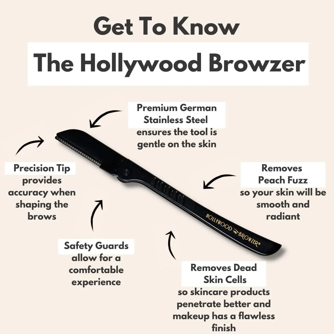 Hollywood Browzer Dermaplaning Face Blade for Woman (Protective Pouch Included) for Eyebrow Shaping, Removing Unwanted Hair and Dermaplaning Exfoliation Black