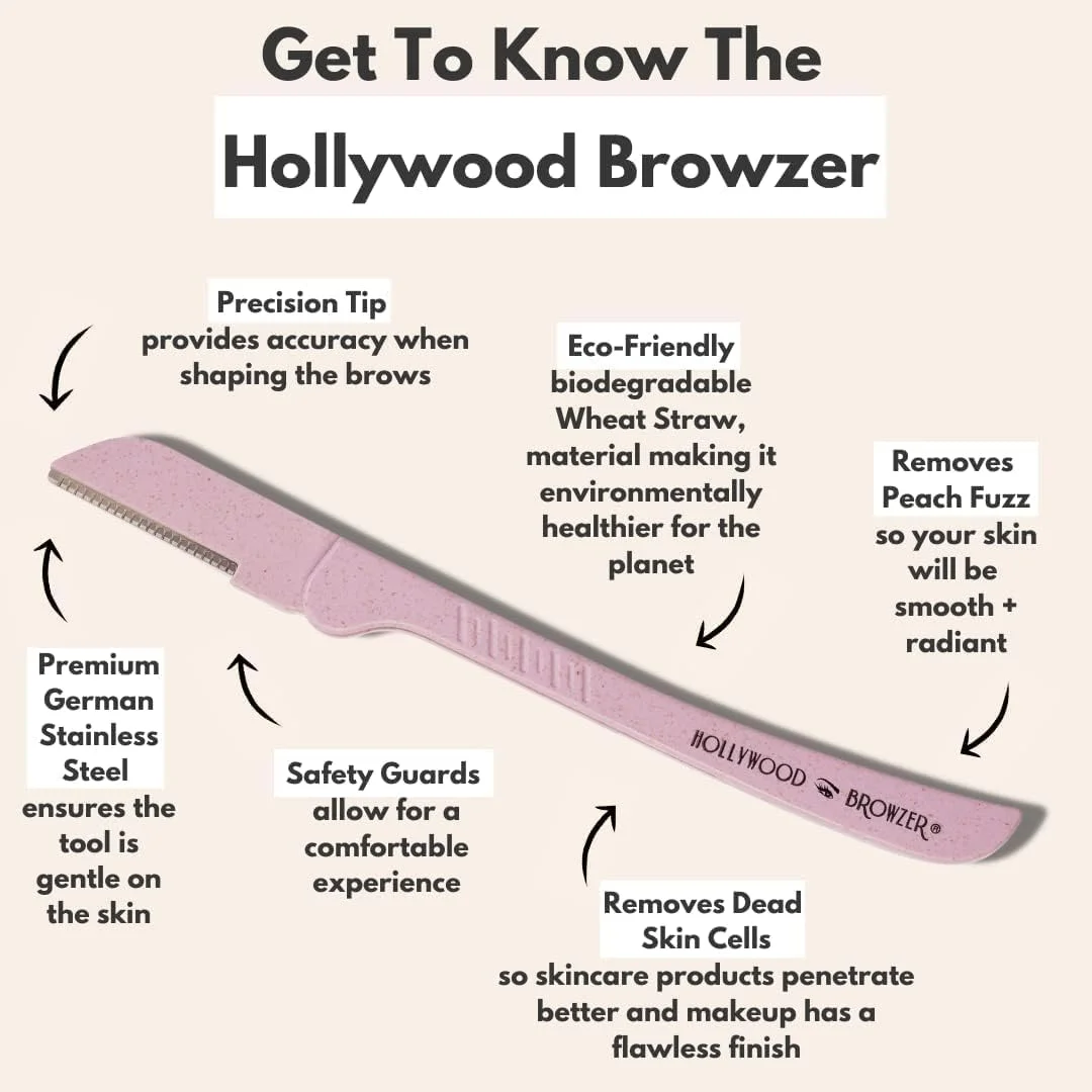 Hollywood Browzer Eyebrow Razor - Facial Hair Remover Shaver Trimmer Shaper | Removing Unwanted Hair | Dermaplaning | Exfoliation | Protective Pouch Included (Rose Quartz)