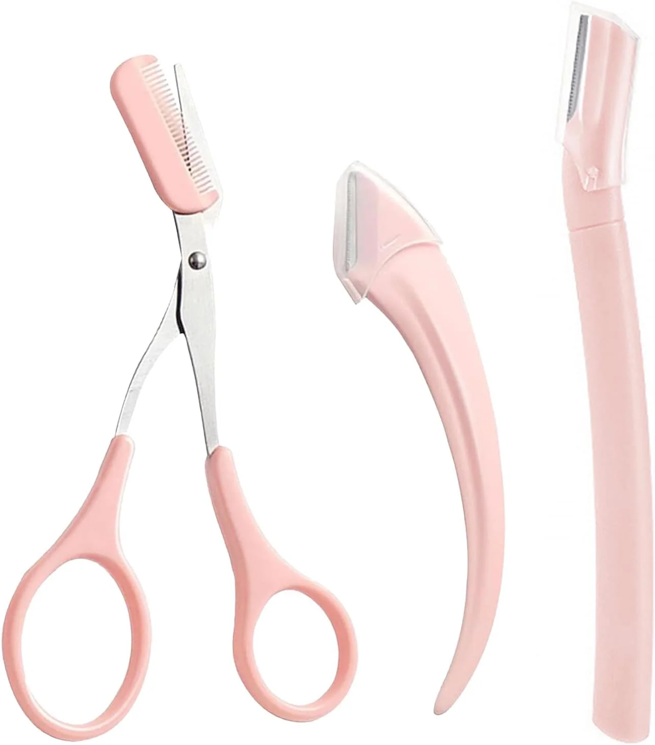 ست فرم دهنده ابرو ژوفورمین، ست لمینت ابرو 3 تکه، قیچی ابرو با شانه و تیغ ابرو خمیده و تیغ ابرو صاف، ابزارهای زیبایی مناسب برای آقایان و بانوان (صورتی)