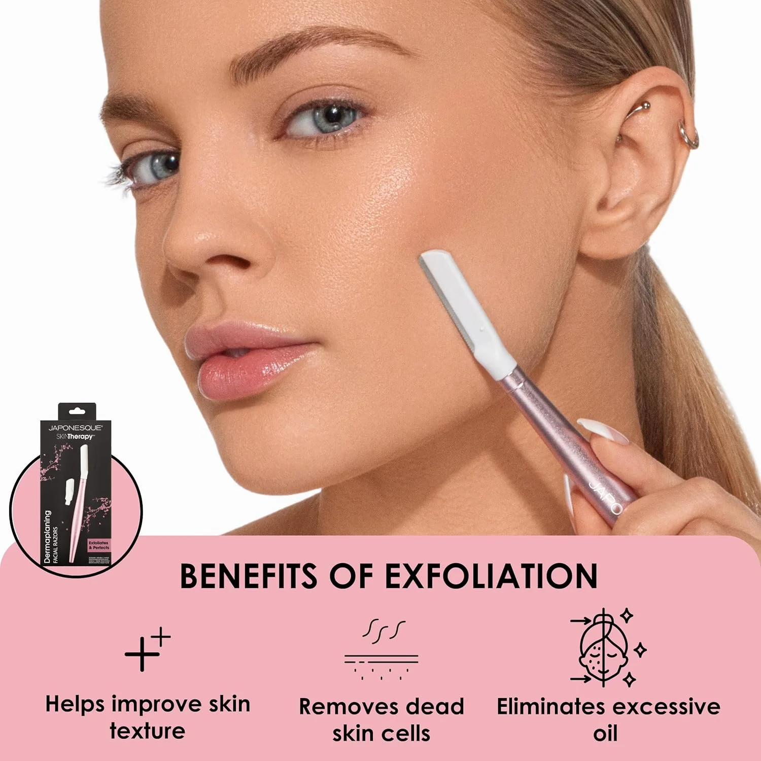 ژیلت صورت درماپلنینگ JAPONESQUE - دو سایز تیغه با دسته قابل تعویض، تیغ ابرو، تیغه های فوق العاده تیز ژاپنی، برای از بین بردن موها، لایه بردار چند منظوره