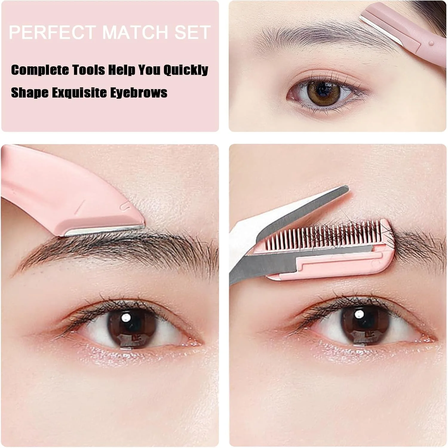 ست فرم دهنده ابرو ژوفورمین، ست لمینت ابرو 3 تکه، قیچی ابرو با شانه و تیغ ابرو خمیده و تیغ ابرو صاف، ابزارهای زیبایی مناسب برای آقایان و بانوان (صورتی)
