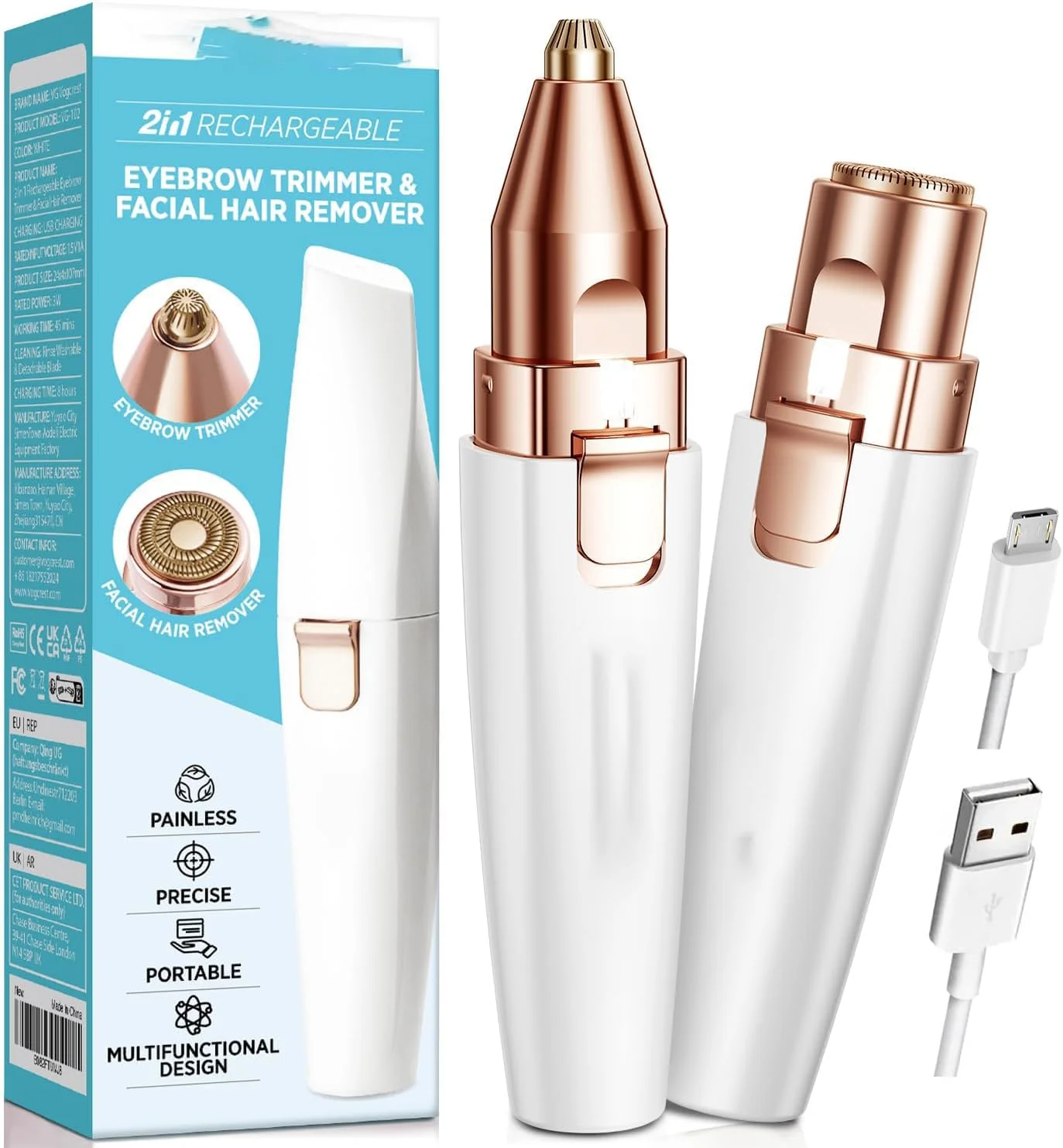 موکن ابرو و صورت HYRAINBOW: 2 در 1، قابل شارژ، از بین برنده موهای صورت و اصلاح کننده ابرو - تیغ صورت بدون درد برای صورت، لب و بدن با چراغ LED داخلی