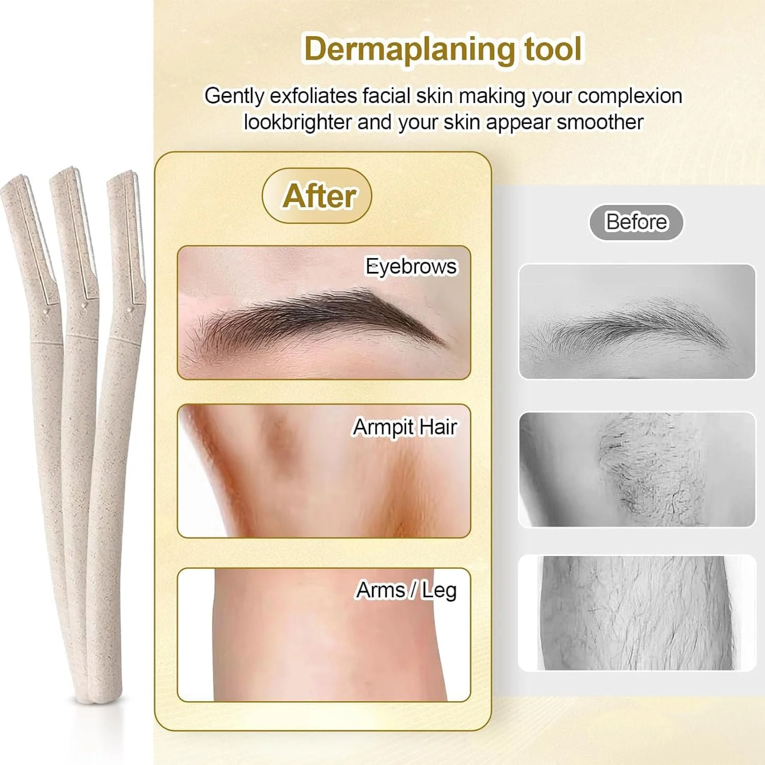 تیغ ابرو 3 عددی HIQUAY برای زنان و مردان، تیغ درماپلنینگ صورت، موبر صورت، از بین برنده کرک هلو، لایه بردار صورت، سازگار با محیط زیست، مناسب برای کرک هلو، چانه، لب بالا، ابروها