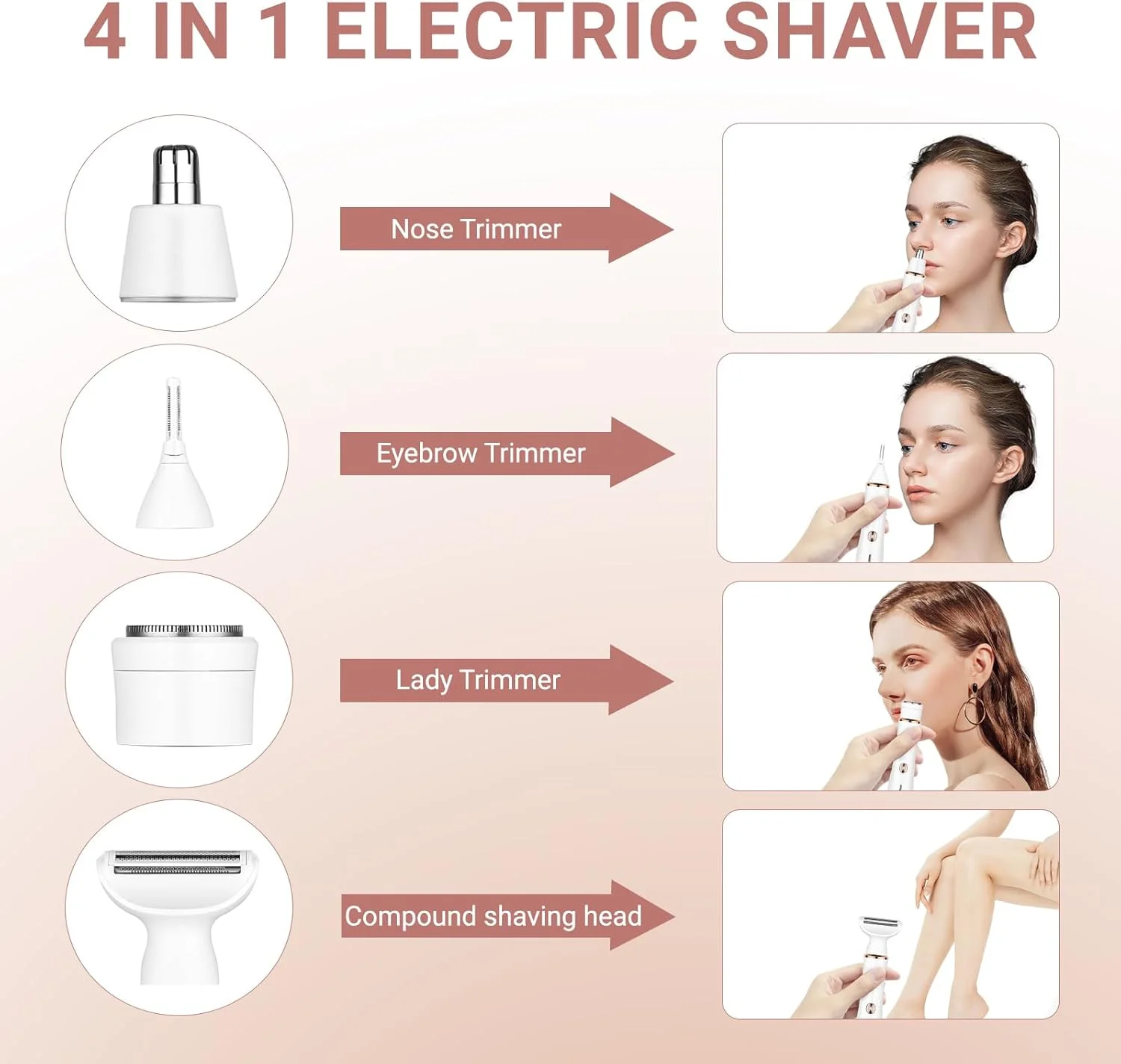 مو زن ابرو LIWEGHT، مو زن بدون درد قابل شارژ USB، ریش تراش برقی چند منظوره 4 در 1 برای زنان - ایده آل برای بیکینی، بینی، ابرو، بدن و خط ریش