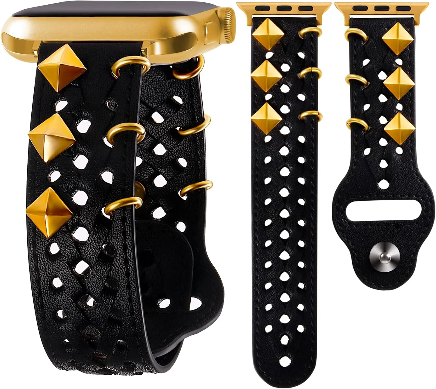 بند چرمی VIQIV سازگار با بند اپل واچ 49 میلی‌متری 45 میلی‌متری 44 میلی‌متری 42 میلی‌متری 41 میلی‌متری 40 میلی‌متری 38 میلی‌متری سری Ultra SE 9 8 7 6 5 4 3 2 زنانه مشکی، دستبند ساعت هوشمند وسترن مردانه، طراح گل میخ دار گوتیک
