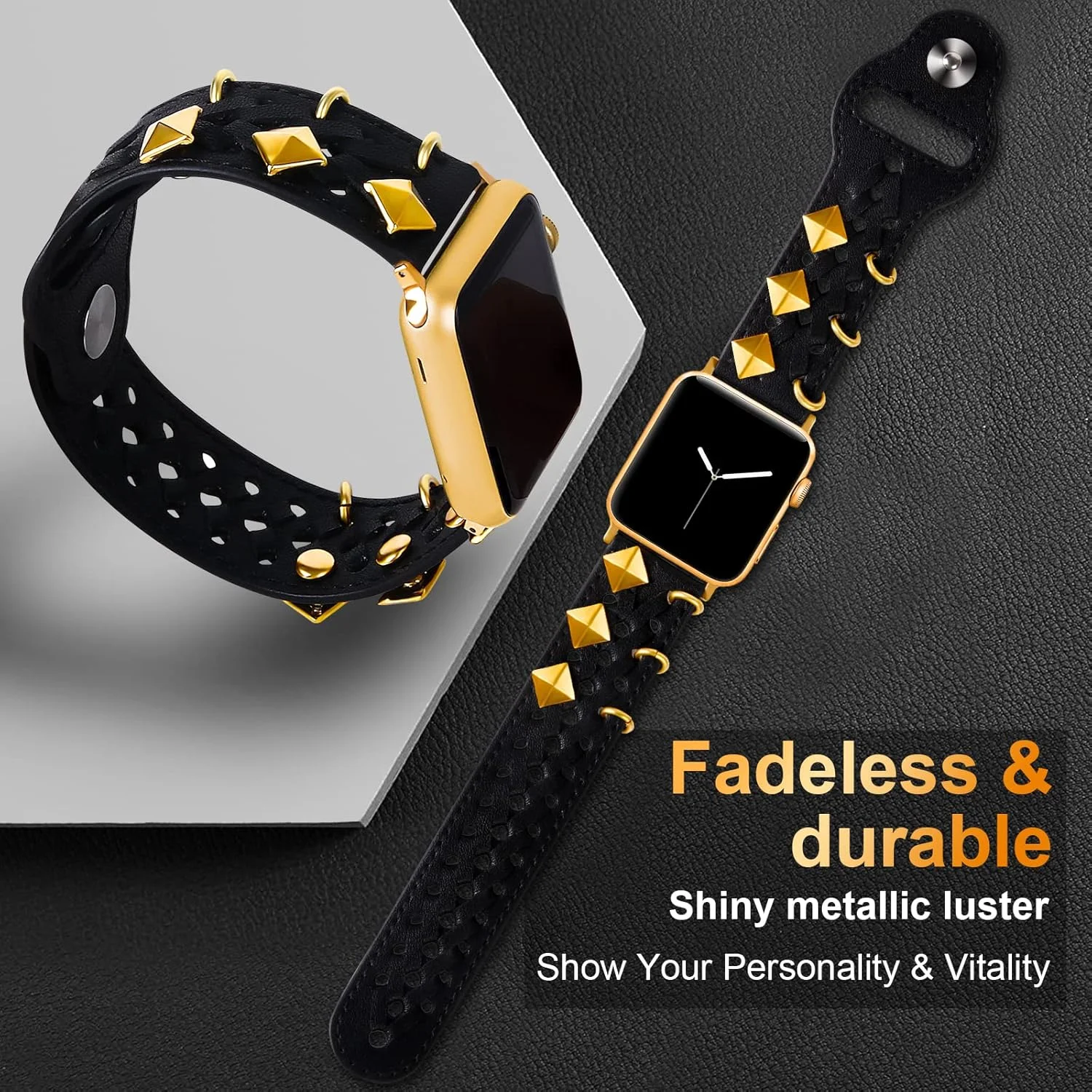 بند چرمی VIQIV سازگار با بند اپل واچ 49 میلی‌متری 45 میلی‌متری 44 میلی‌متری 42 میلی‌متری 41 میلی‌متری 40 میلی‌متری 38 میلی‌متری سری Ultra SE 9 8 7 6 5 4 3 2 زنانه مشکی، دستبند ساعت هوشمند وسترن مردانه، طراح گل میخ دار گوتیک