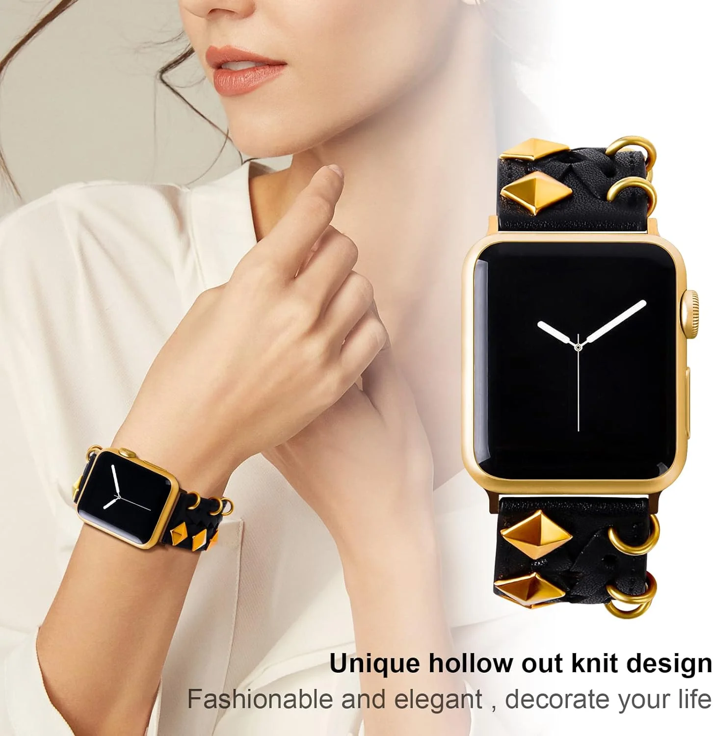 بند چرمی VIQIV سازگار با بند اپل واچ 49 میلی‌متری 45 میلی‌متری 44 میلی‌متری 42 میلی‌متری 41 میلی‌متری 40 میلی‌متری 38 میلی‌متری سری Ultra SE 9 8 7 6 5 4 3 2 زنانه مشکی، دستبند ساعت هوشمند وسترن مردانه، طراح گل میخ دار گوتیک