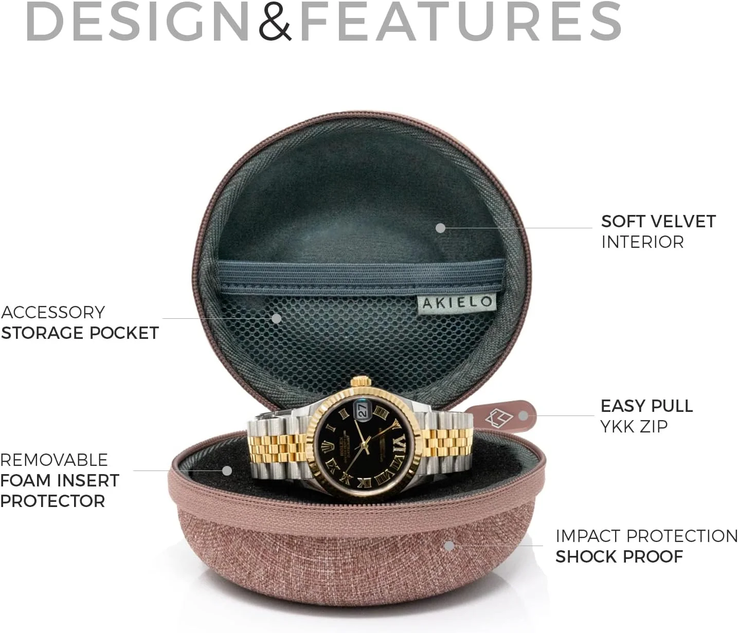 جعبه ساعت AKIELO - جعبه مسافرتی ساعت به همراه پارچه تمیز کننده و جعبه هدیه - مناسب برای ساعت های مچی مردانه و زنانه و ساعت های هوشمند تا 54 میلی متر (نسخه صورتی دودی) جعبه ساعت AKIELO - جعبه مسافرتی ساعت به همراه پارچه تمیز کننده و جعبه هدیه - مناسب برای ساعت های مچی مردانه و زنانه و ساعت های هوشمند تا 54 میلی متر (نسخه صورتی دودی)