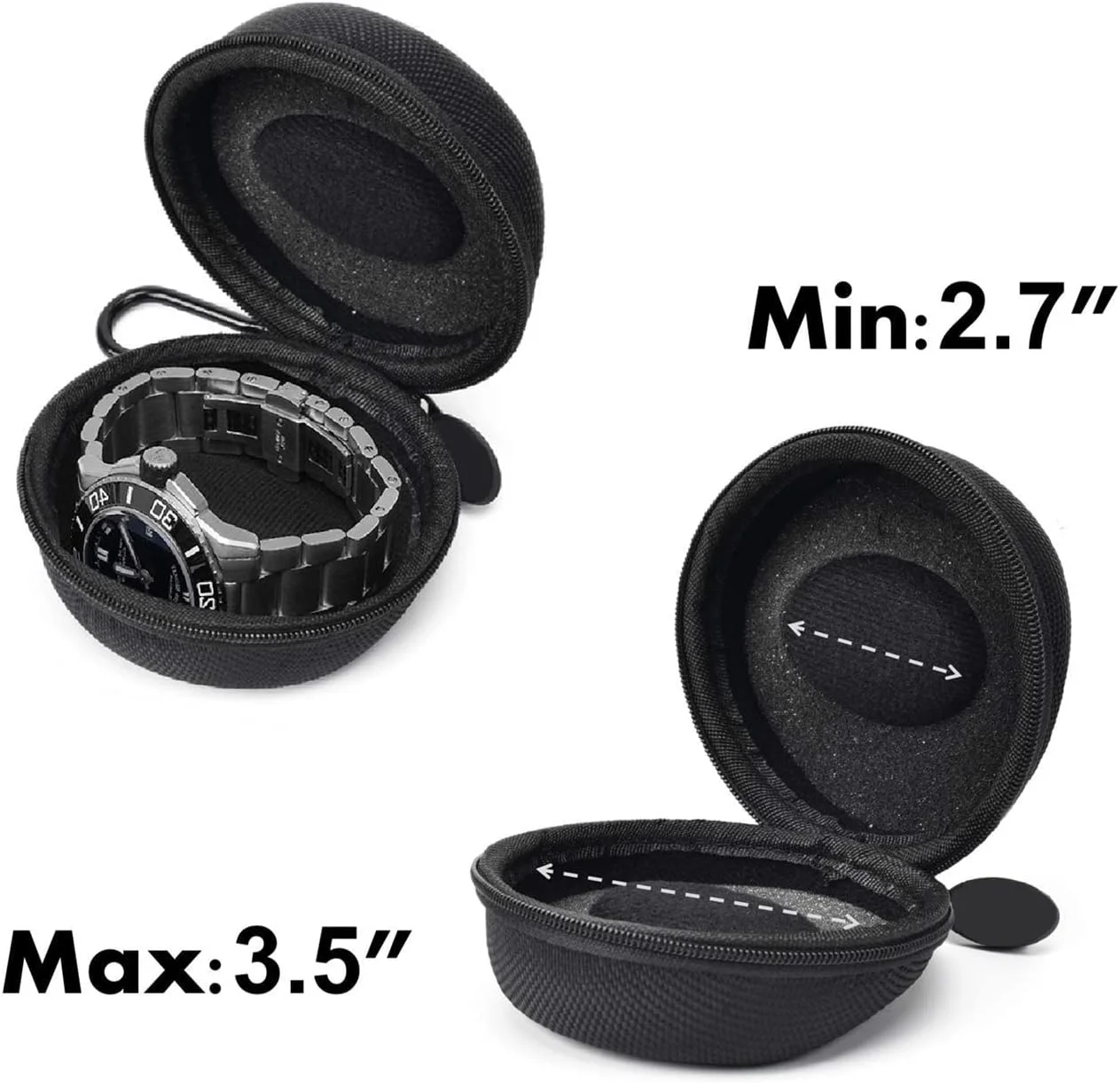 جعبه مسافرتی تکی ساعت Benting، جعبه حمل ساعت مچی، نگهدارنده زیپی ساعت هوشمند برای سفر و فضای باز تا 50 میلی متر، مشکی، 2 عدد