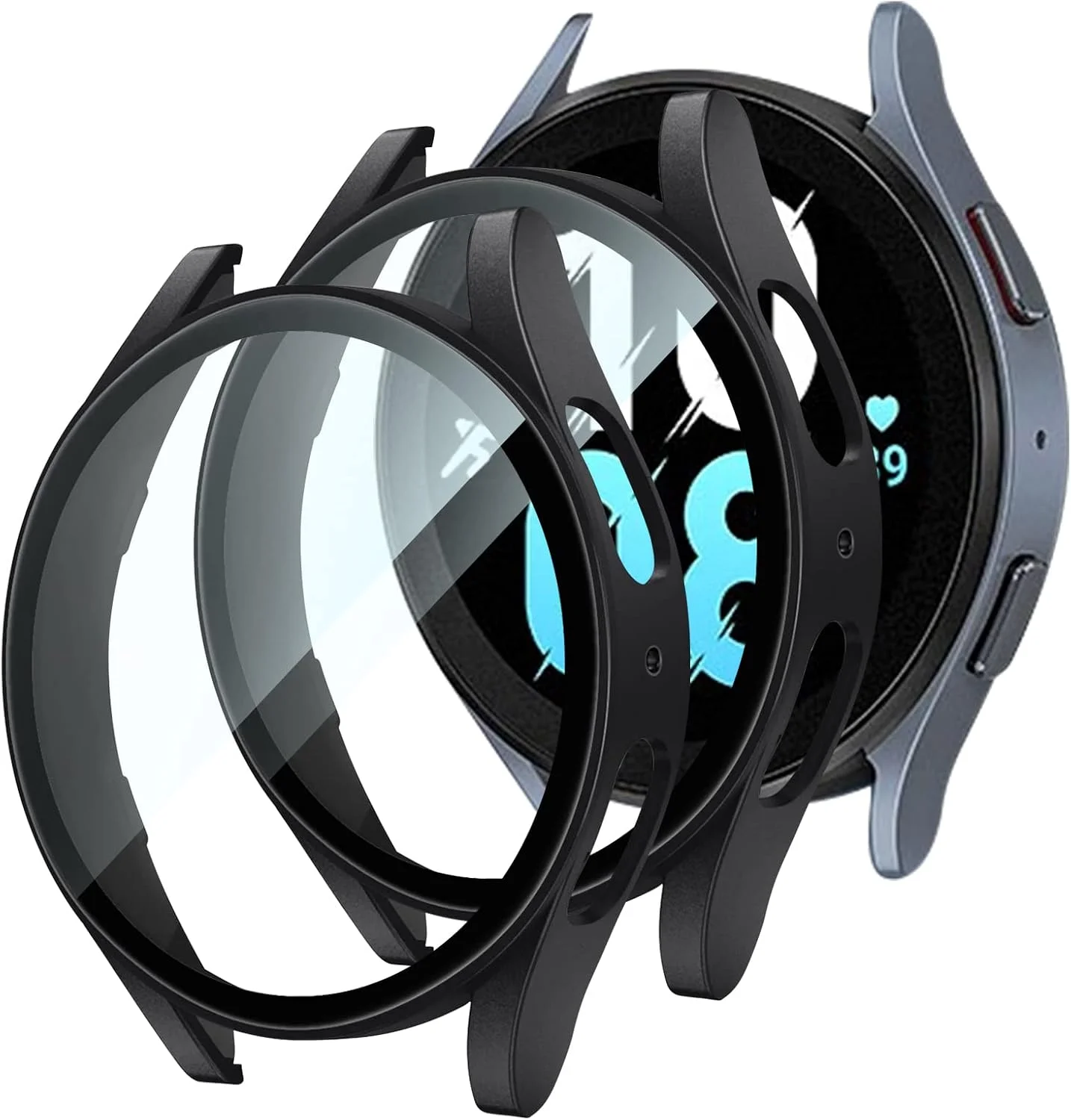 (دو بسته) قاب محافظ سخت T Tersely برای ساعت هوشمند سامسونگ گلکسی واچ 5/ واچ 4 (44/45 میلی متر)، با محافظ صفحه نمایش شیشه ای حرارت دیده فوق العاده شفاف و باریک (44 میلی متر، مشکی+مشکی)