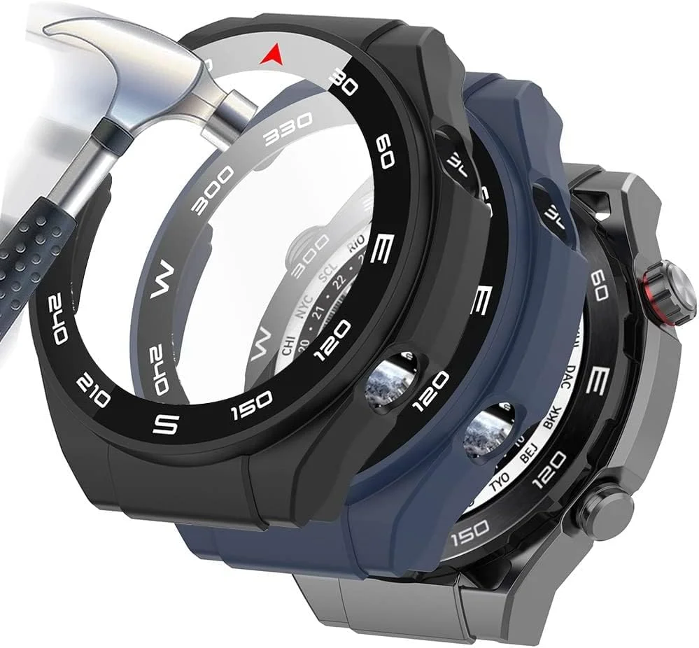 محافظ صفحه نمایش شیشه ای و قاب TERRIFI دو عددی برای ساعت هوشمند Huawei Watch Ultimate، پوشش محافظ 360 درجه - قاب PC فوق العاده نازک در رنگ های مشکی و آبی