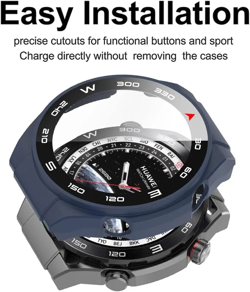 محافظ صفحه نمایش شیشه ای و قاب TERRIFI دو عددی برای ساعت هوشمند Huawei Watch Ultimate، پوشش محافظ 360 درجه - قاب PC فوق العاده نازک در رنگ های مشکی و آبی