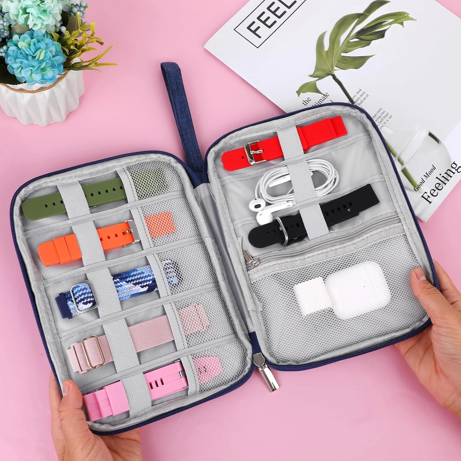 کیف نگهداری بند ساعت TIESOME، کیف سازمان دهنده مسافرتی برای بند ساعت، ضد آب، نگهدارنده بند ساعت، سازمان دهنده بند ساعت هوشمند، کیف حمل بند ساعت سازگار با همه بندهای ساعت (سرمه ای)