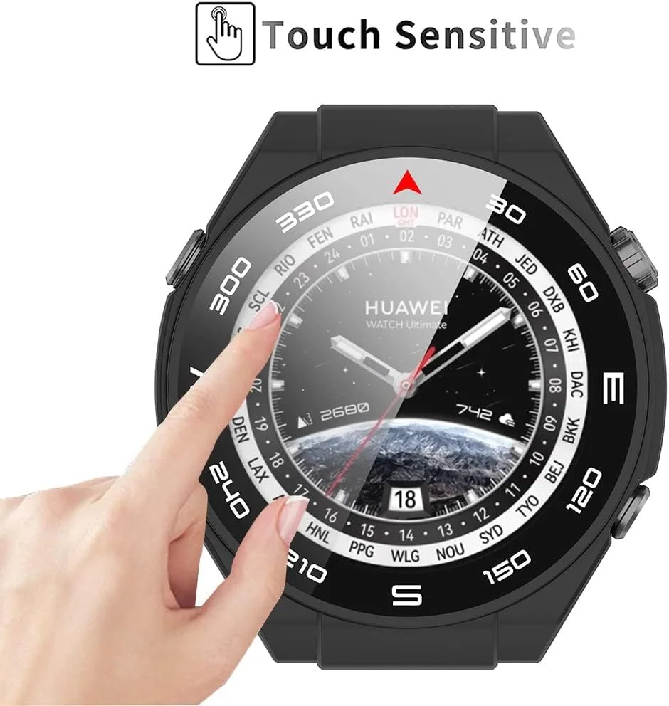 محافظ صفحه نمایش شیشه ای و قاب TERRIFI دو عددی برای ساعت هوشمند Huawei Watch Ultimate، پوشش محافظ 360 درجه - قاب PC فوق العاده نازک در رنگ های مشکی و آبی