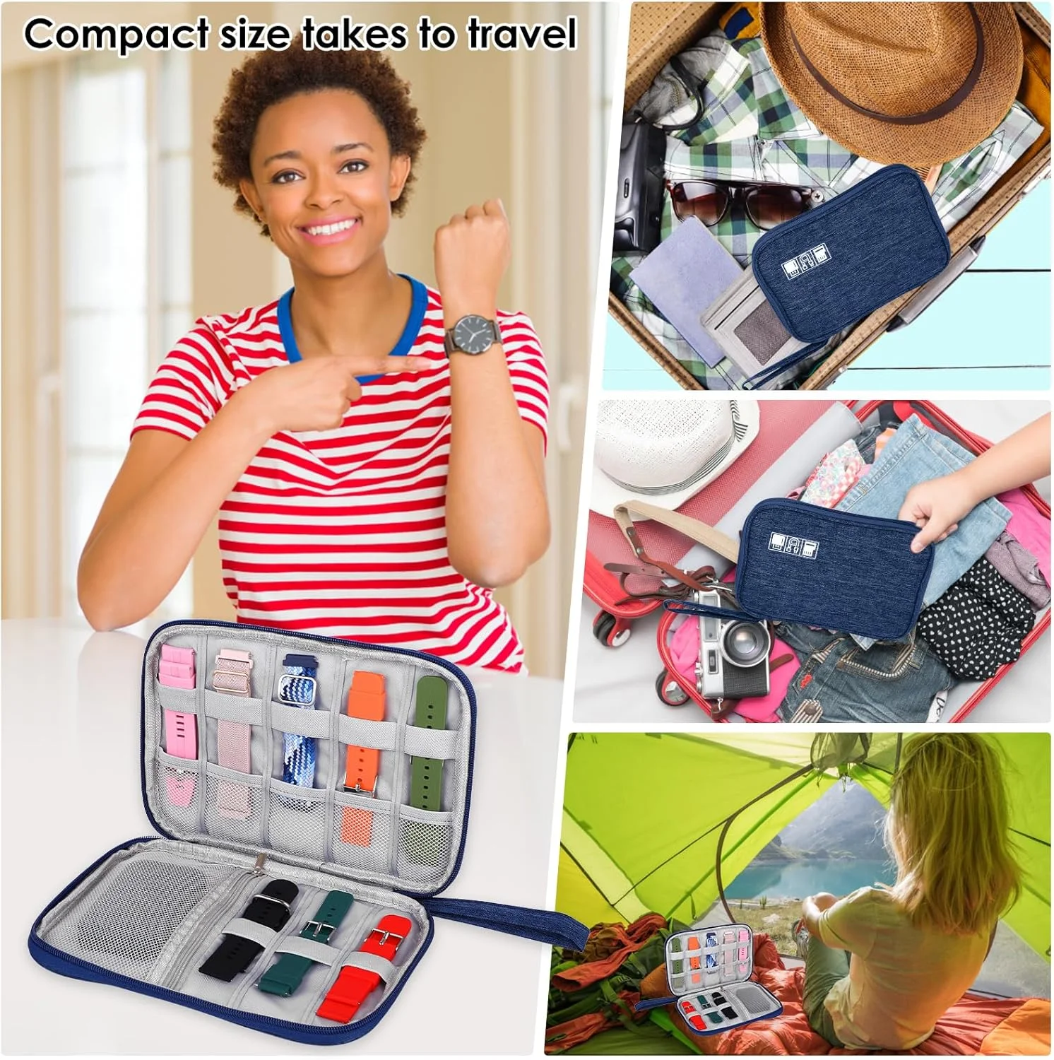 کیف نگهداری بند ساعت TIESOME، کیف سازمان دهنده مسافرتی برای بند ساعت، ضد آب، نگهدارنده بند ساعت، سازمان دهنده بند ساعت هوشمند، کیف حمل بند ساعت سازگار با همه بندهای ساعت (سرمه ای)