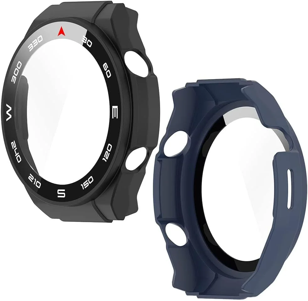 محافظ صفحه نمایش شیشه ای و قاب TERRIFI دو عددی برای ساعت هوشمند Huawei Watch Ultimate، پوشش محافظ 360 درجه - قاب PC فوق العاده نازک در رنگ های مشکی و آبی