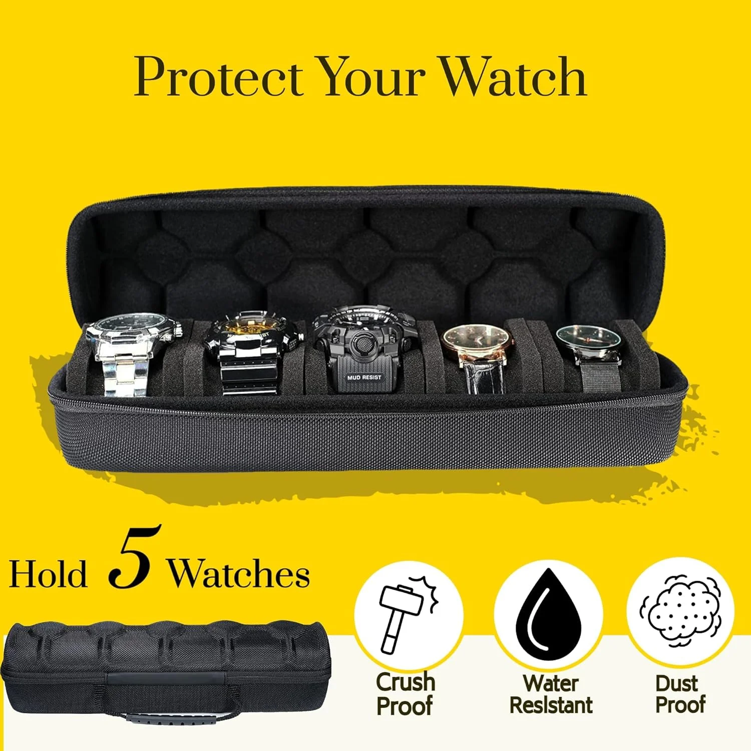 جعبه ساعت فنری X، جعبه مسافرتی ساعت سخت 5 اسلات برای مردان و زنان، جعبه مسافرتی رول ساعت قابل حمل با بالش ضد حرکت ساعت، جعبه ساعت زیپی برای ساعت های مچی و ساعت های هوشمند، (فقط جعبه)