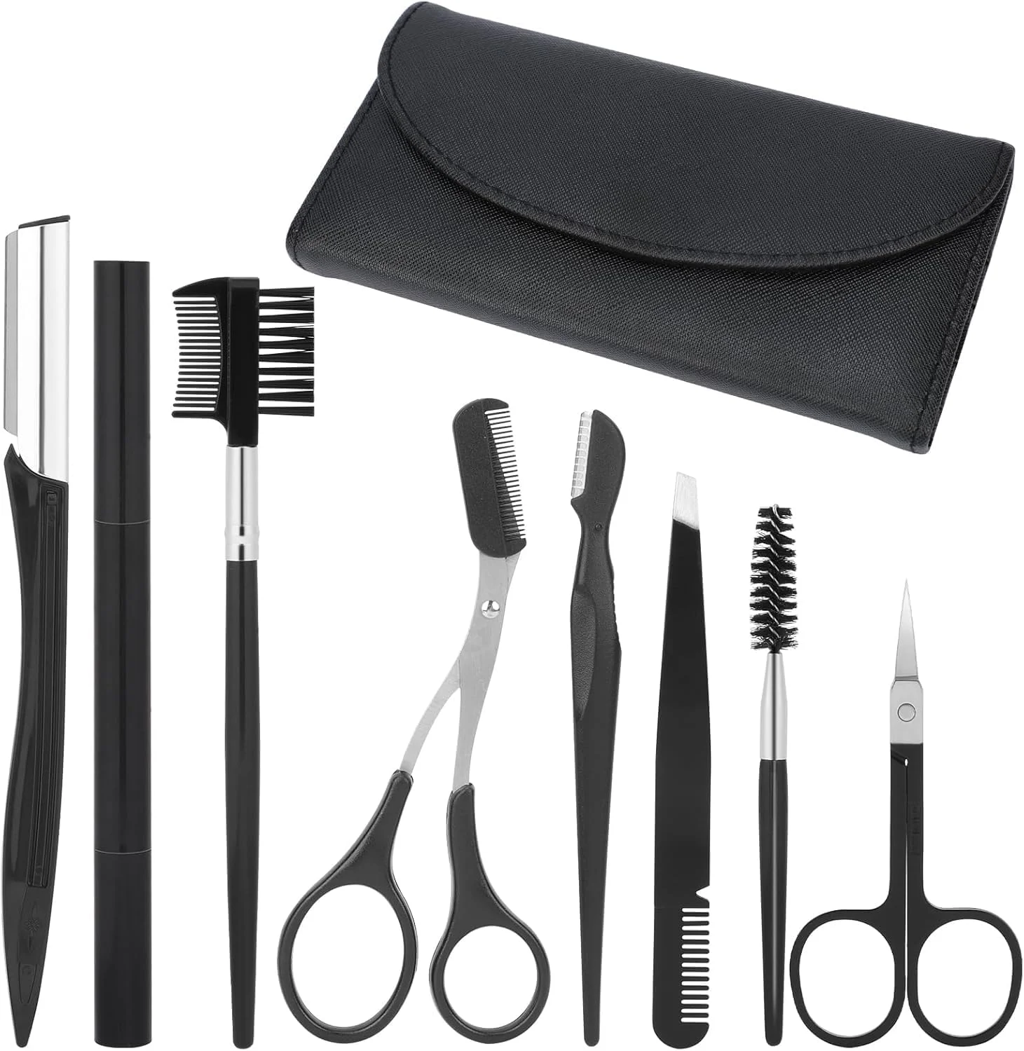 ست حرفه ای 8 تکه پیرایش ابرو YelaJoy برای آقایان و بانوان، ست کامل حالت دهی ابرو با تیغ، قیچی، موچین و کیف چرمی، مشکی ست حرفه ای 8 تکه پیرایش ابرو YelaJoy برای آقایان و بانوان، ست کامل حالت دهی ابرو با تیغ، قیچی، موچین و کیف چرمی، مشکی