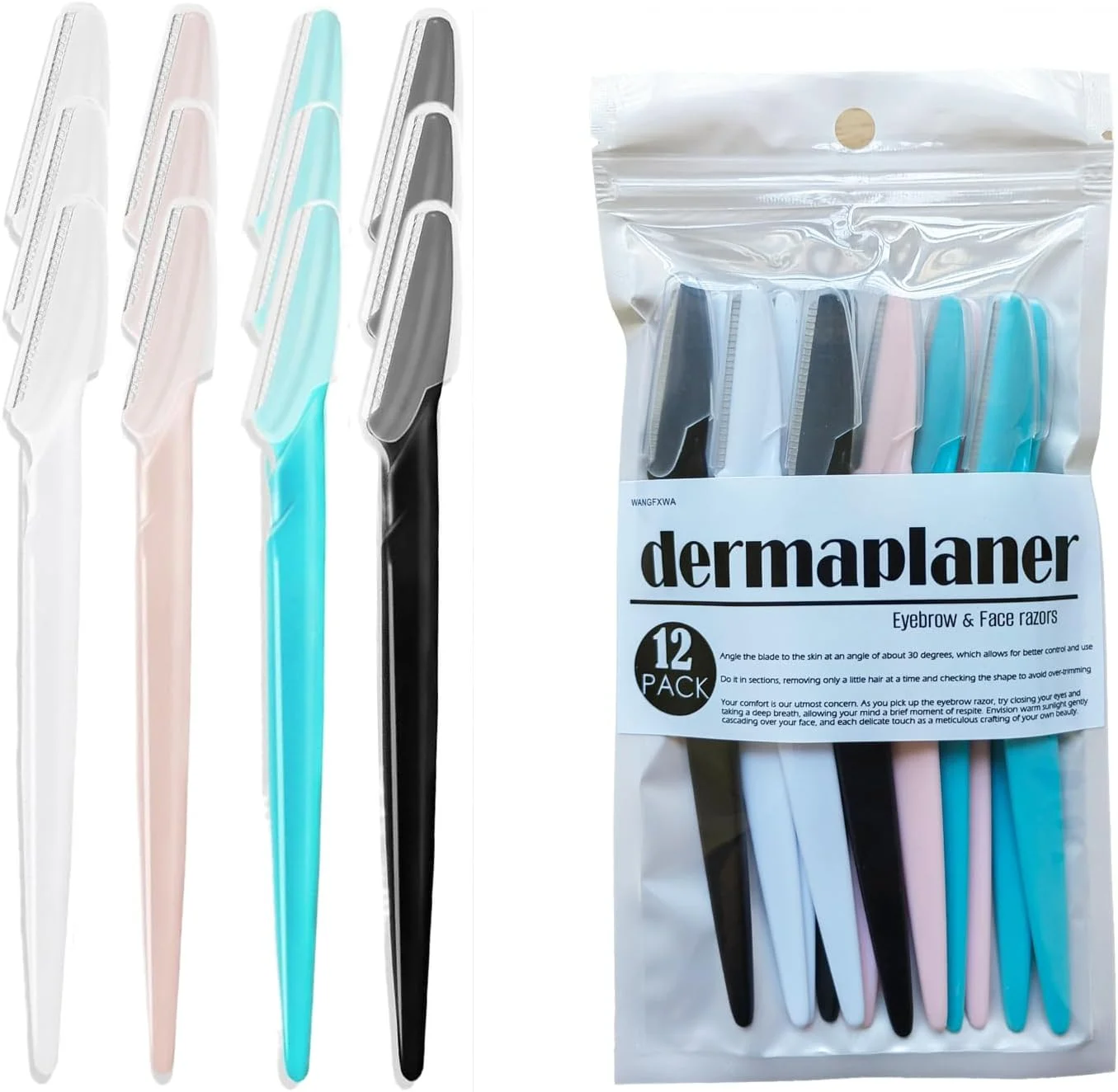 تیغ اصلاح صورت WANGFXWA، تیغ ابرو، ابزار درماپلنینگ صورت برای زنان، تیغ صورت زنانه، از بین برنده موهای زائد هلویی، تیغ صورت زنانه، بسته 12 عددی (چند رنگ)