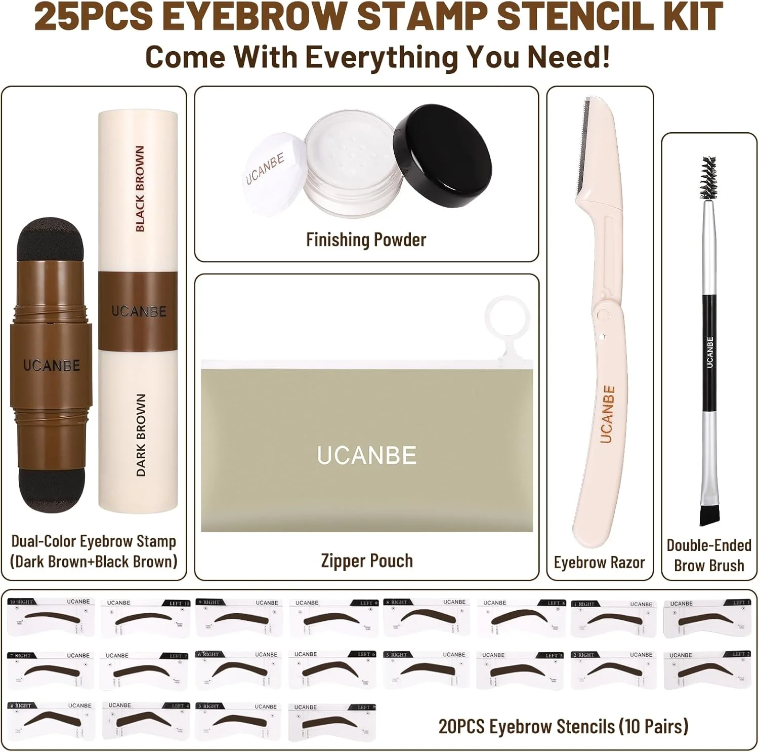 ست مهر ابرو 25 تکه UCANBE با پماد ابرو دو رنگ، 20 شابلون ابرو قابل استفاده مجدد، پودر فیکس، برس، تیغ ابرو، کیف زیپ دار، کیت ضد آب برای مهر و حالت دادن به ابرو 04 ست مهر ابرو 25 تکه UCANBE با پماد ابرو دو رنگ، 20 شابلون ابرو قابل استفاده مجدد، پودر فیکس، برس، تیغ ابرو، کیف زیپ دار، کیت ضد آب برای مهر و حالت دادن به ابرو 04