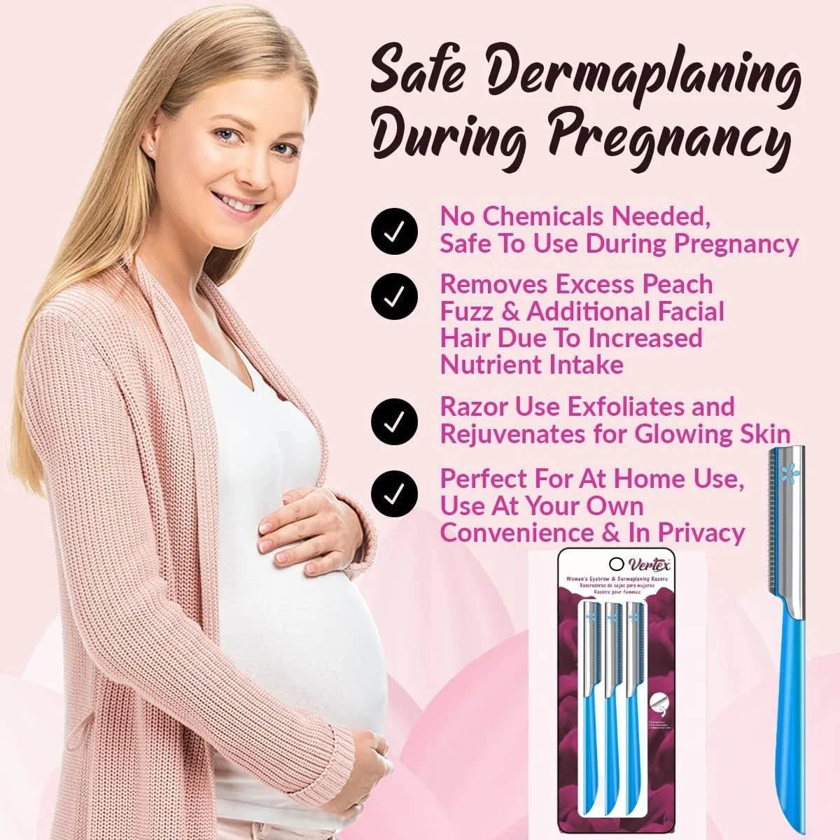 تیغ صورت زنانه Vertex برای درماپلنینگ، تیغ ابرو زنانه با تیغه های ژاپنی برای استفاده در خانه، از بین برنده موهای کرکی صورت زنانه Vertex Beauty، تیغ های لایه بردار مسافرتی