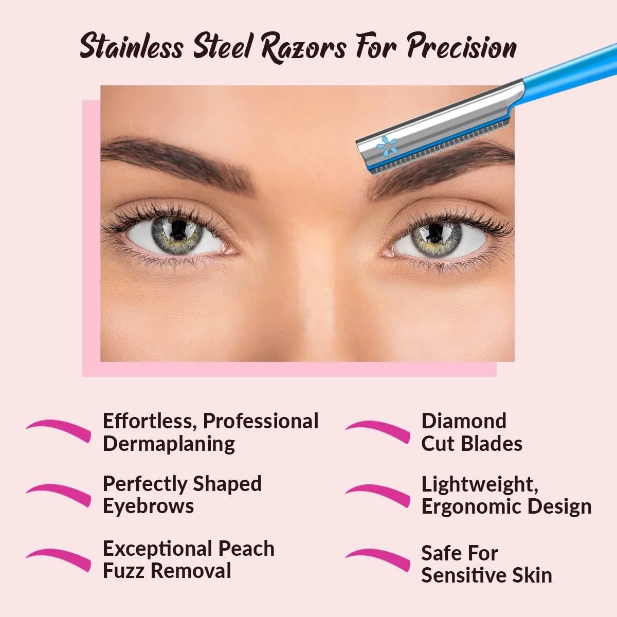 تیغ صورت زنانه Vertex برای درماپلنینگ، تیغ ابرو زنانه با تیغه های ژاپنی برای استفاده در خانه، از بین برنده موهای کرکی صورت زنانه Vertex Beauty، تیغ های لایه بردار مسافرتی