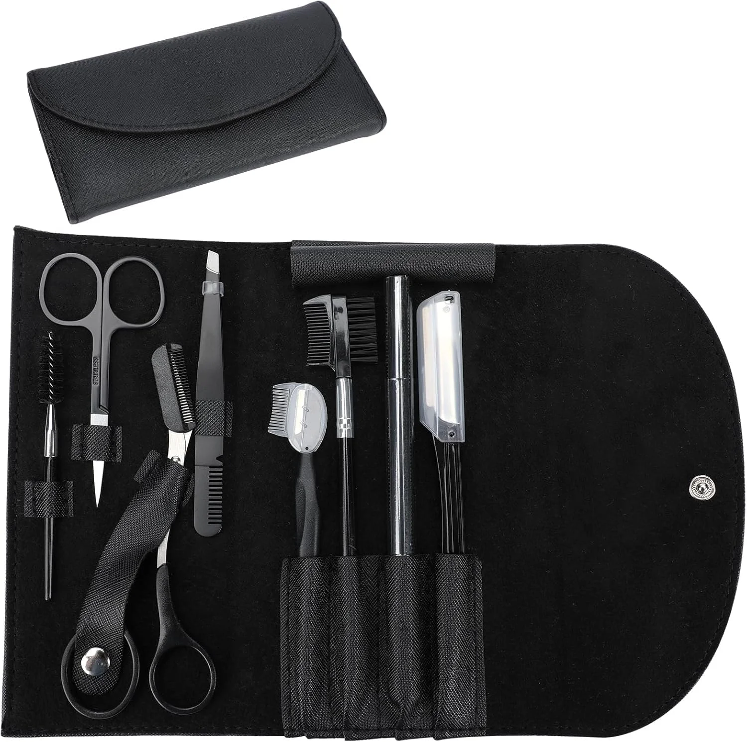 ست حرفه ای 8 تکه پیرایش ابرو YelaJoy برای آقایان و بانوان، ست کامل حالت دهی ابرو با تیغ، قیچی، موچین و کیف چرمی، مشکی ست حرفه ای 8 تکه پیرایش ابرو YelaJoy برای آقایان و بانوان، ست کامل حالت دهی ابرو با تیغ، قیچی، موچین و کیف چرمی، مشکی