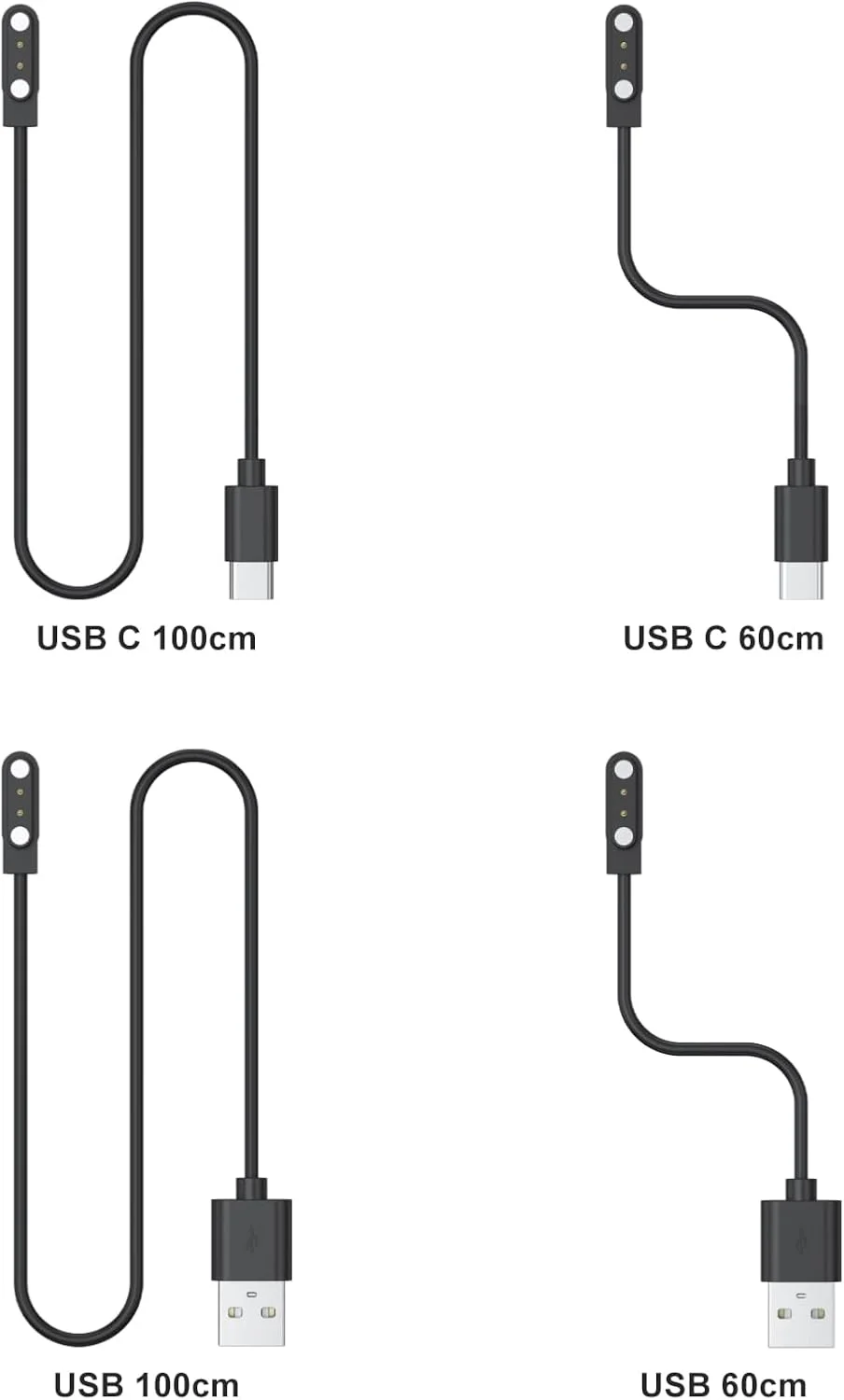 شارژر مغناطیسی USB C مدل AK سازگار با YAMAY SW022، کابل شارژ مغناطیسی ساعت هوشمند 2 پین 4 میلی‌متری، شارژر ساعت هوشمند سازگار با Ticwatch GTX، AGPTEK LW11، Xiaomi Haylou RT LSO5S (100 سانتی‌متری)