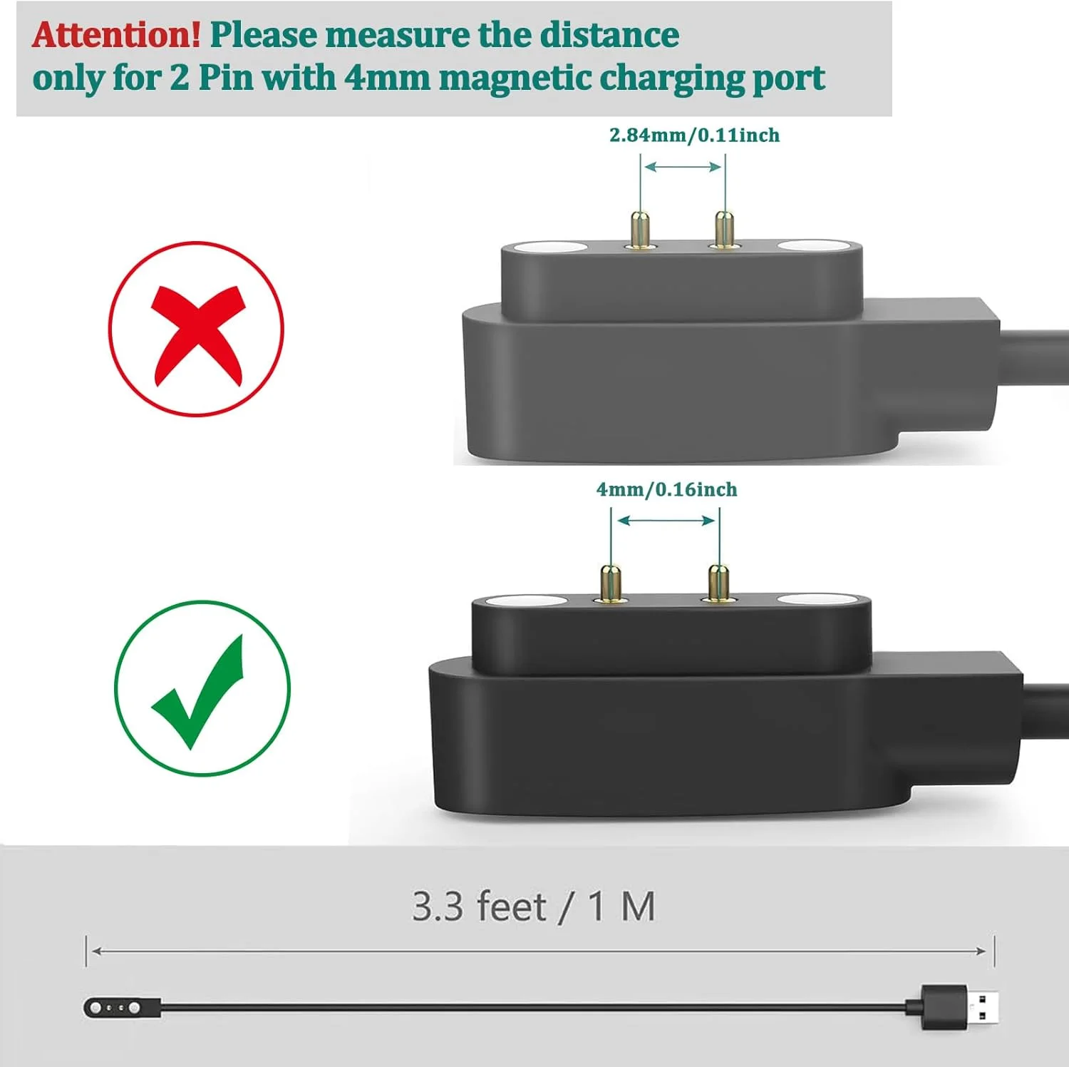شارژر مغناطیسی USB C مدل AK سازگار با YAMAY SW022، کابل شارژ مغناطیسی ساعت هوشمند 2 پین 4 میلی‌متری، شارژر ساعت هوشمند سازگار با Ticwatch GTX، AGPTEK LW11، Xiaomi Haylou RT LSO5S (100 سانتی‌متری)