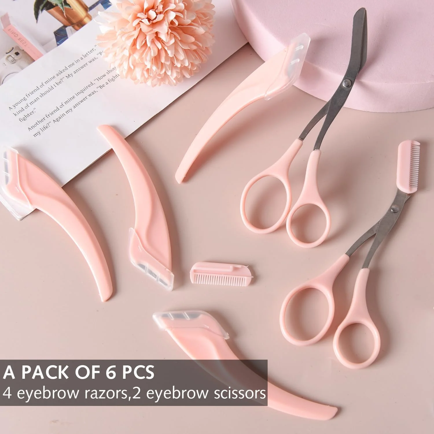 ست 6 تکه اصلاح ابرو: 2 قیچی ابرو با شانه و 4 تیغ منحنی استیل ضد زنگ - ابزارهای ضروری زیبایی برای آقایان و بانوان ست 6 تکه اصلاح ابرو: 2 قیچی ابرو با شانه و 4 تیغ منحنی استیل ضد زنگ - ابزارهای ضروری زیبایی برای آقایان و بانوان