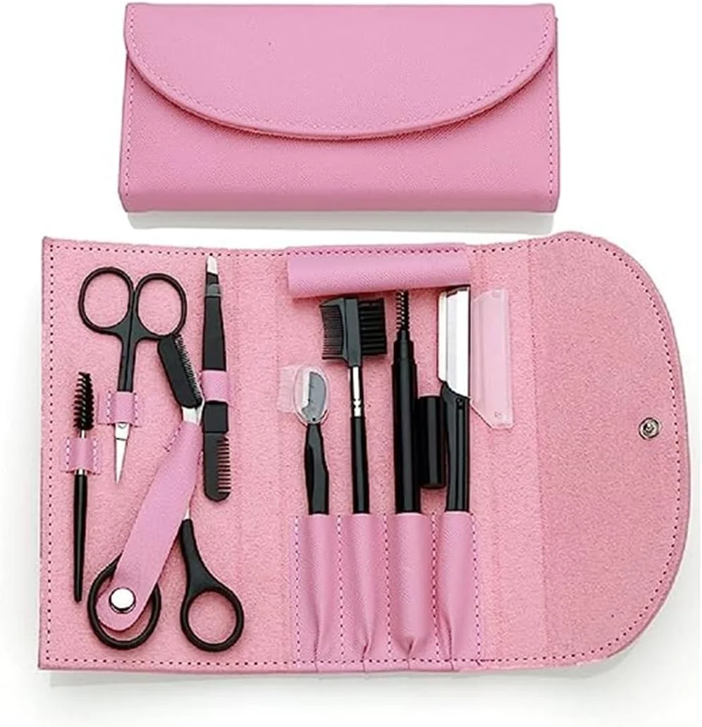 ست پیرایش ابرو آزونی 8 در 1، ست فرم دهی و اصلاح ابرو از جنس استیل ضد زنگ به همراه کیف نگهداری، ابزار پیرایش ابرو همه کاره برای زنان و مردان