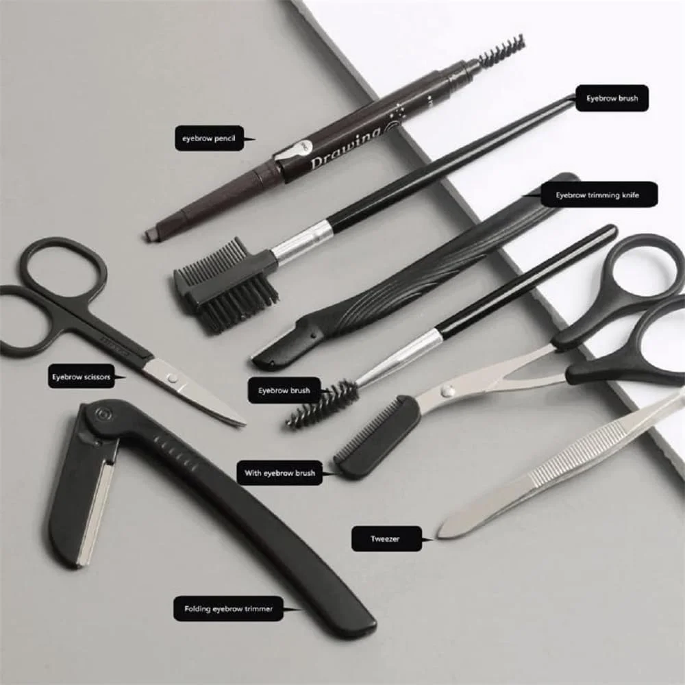 ست پیرایش ابرو آزونی 8 در 1، ست فرم دهی و اصلاح ابرو از جنس استیل ضد زنگ به همراه کیف نگهداری، ابزار پیرایش ابرو همه کاره برای زنان و مردان