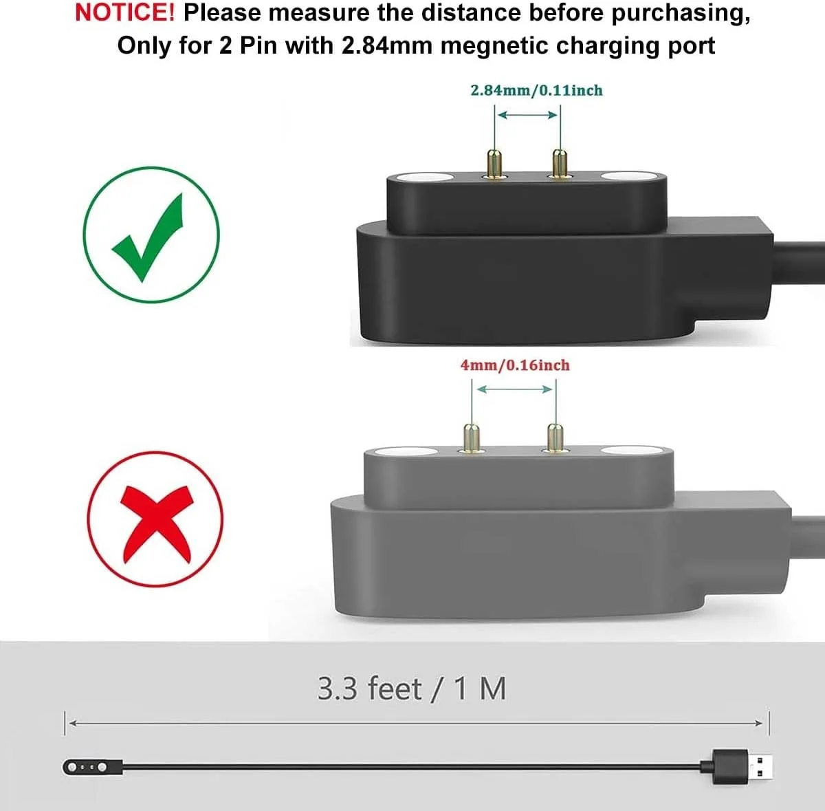 شارژر مغناطیسی ساعت هوشمند T Tersely 2 پین 1 متری/3.3 فوت برای YAMAY SW2023/Letsfit ID205/Wiliful SW021/Vigorun ID216، کابل USB جایگزین برای شارژ Umidigi Uwatch 2/2S/3/3S/Urun/S/Ufit