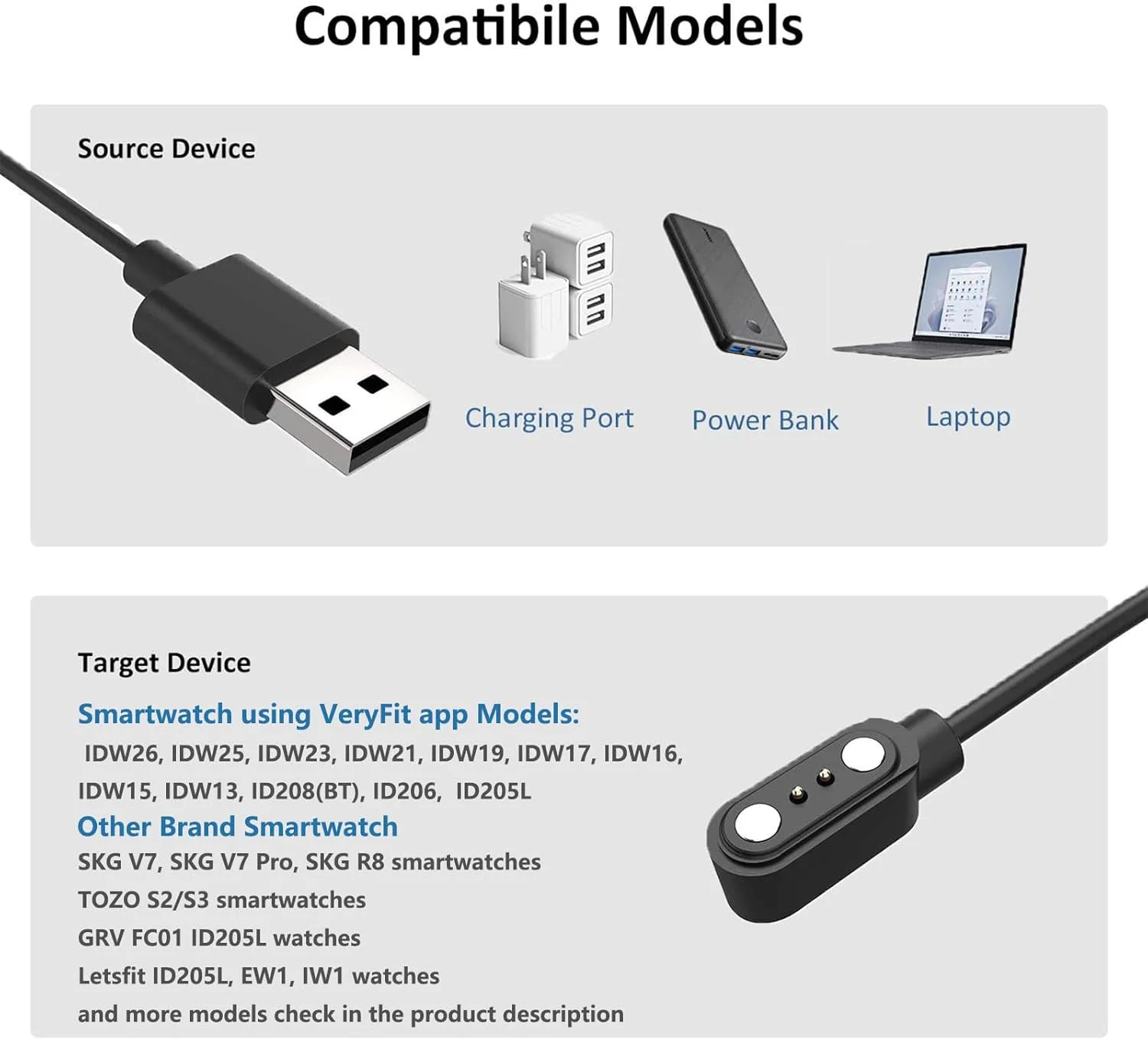 کابل شارژ ساعت هوشمند VeryFit، مناسب برای IDW26/25/23/21، IDW19/17/16/15/13، ID208(BT)، ID206، ID205L، کابل شارژ برای SKG V7/V7 Pro/R8، TOZO S2/S3، Umidigi Uwatch /2/2s/3/3s/Urun/Ufit، طول 1 متر، بسته 2 عددی کابل شارژ ساعت هوشمند VeryFit، مناسب برای IDW26/25/23/21، IDW19/17/16/15/13، ID208(BT)، ID206، ID205L، کابل شارژ برای SKG V7/V7 Pro/R8، TOZO S2/S3، Umidigi Uwatch /2/2s/3/3s/Urun/Ufit، طول 1 متر، بسته 2 عددی