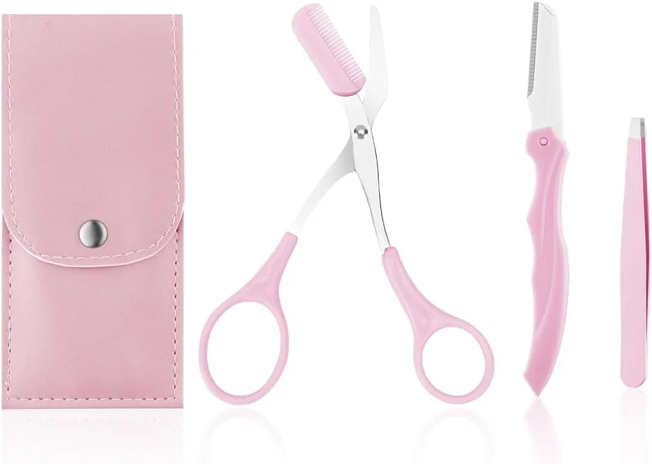 ست 3 تکه اصلاح ابرو HANNEA® شامل قیچی ابرو حرفه ای، تیغ ابرو، موچین، موزن صورت استیل ضد زنگ برای بانوان، به همراه کیف چرمی PU، صورتی ست 3 تکه اصلاح ابرو HANNEA® شامل قیچی ابرو حرفه ای، تیغ ابرو، موچین، موزن صورت استیل ضد زنگ برای بانوان، به همراه کیف چرمی PU، صورتی