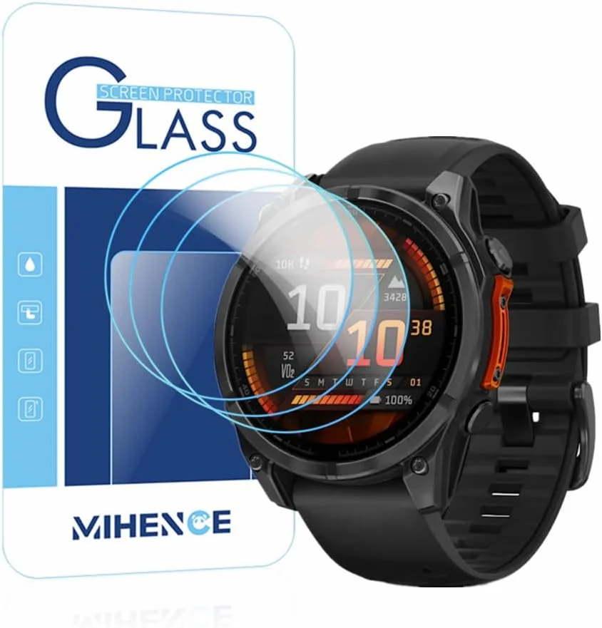 محافظ صفحه نمایش MIHENCE سازگار با ساعت هوشمند Garmin Fenix 8 47 mm، فیلم شیشه ای حرارت دیده 9H ضد خش سازگار با ساعت هوشمند Fenix 8 47 mm AMOLED (بسته 3 عددی)