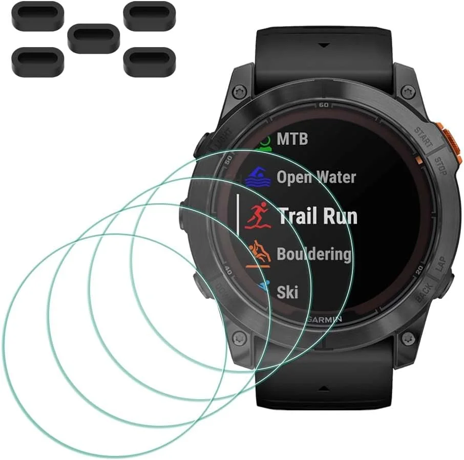 محافظ صفحه نمایش MTHGH برای ساعت هوشمند Garmin Fenix 7X Pro / 7X Pro Solar [بسته 4 عددی] + بسته 5 عددی درپوش ضد گرد و غبار، شیشه حرارت دیده فوق نازک ضد خش با سختی 9H و بدون حباب