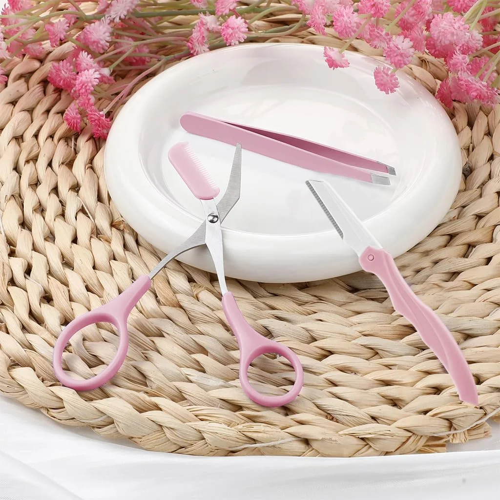 ست 3 تکه اصلاح ابرو HANNEA® شامل قیچی ابرو حرفه ای، تیغ ابرو، موچین، موزن صورت استیل ضد زنگ برای بانوان، به همراه کیف چرمی PU، صورتی ست 3 تکه اصلاح ابرو HANNEA® شامل قیچی ابرو حرفه ای، تیغ ابرو، موچین، موزن صورت استیل ضد زنگ برای بانوان، به همراه کیف چرمی PU، صورتی