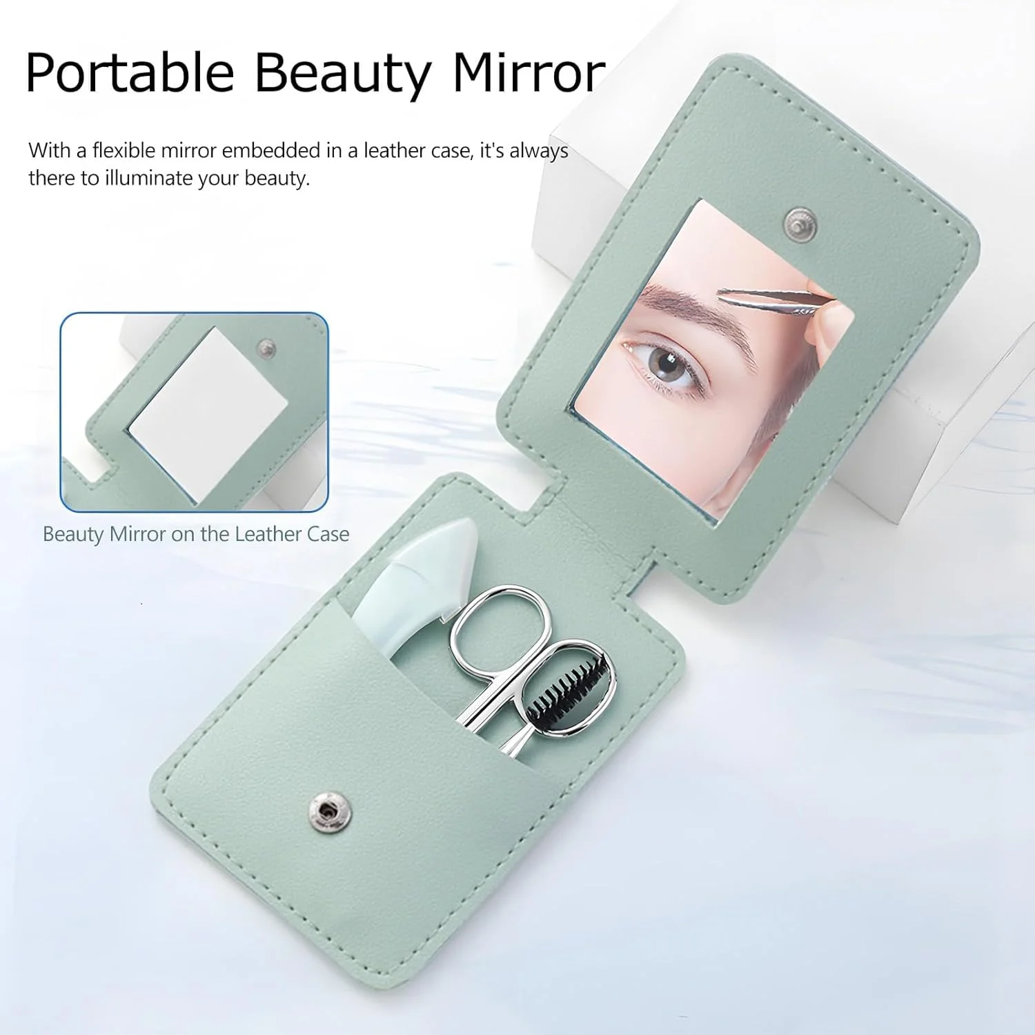 ست اصلاح ابرو KASTWAVE، ست 5 در 1 شامل قیچی ابرو، تیغ ابرو، موچین، برس و آینه برای زنان، شامل کیف چرمی قابل حمل، سبز ست اصلاح ابرو KASTWAVE، ست 5 در 1 شامل قیچی ابرو، تیغ ابرو، موچین، برس و آینه برای زنان، شامل کیف چرمی قابل حمل، سبز