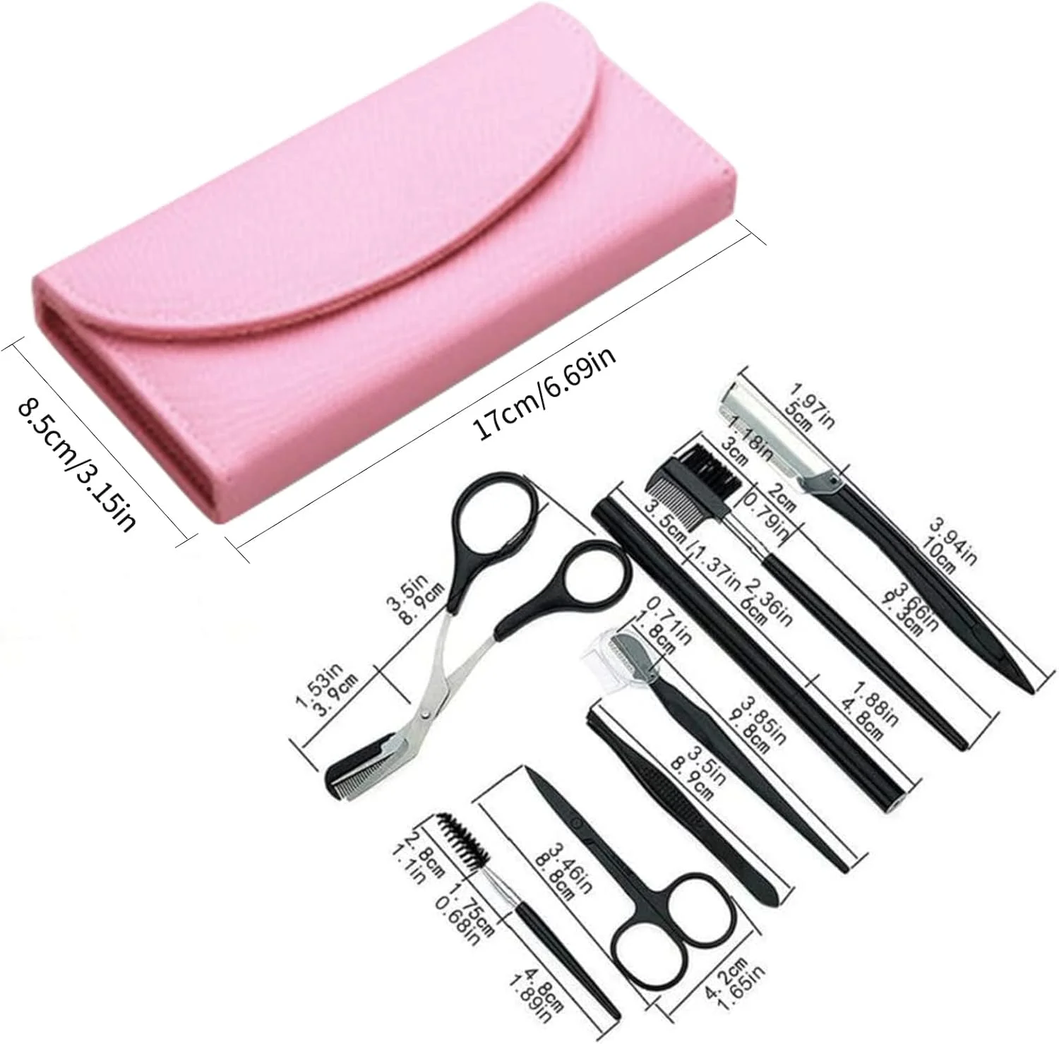 ست 8 عددی حرفه ای فرم دهی و مرتب سازی ابرو، شامل قیچی ابرو، مداد ابرو، برس ابرو، موچین، برس، ست ابزار آرایشی با کیف چرمی، مناسب برای خانم ها و آقایان (صورتی)