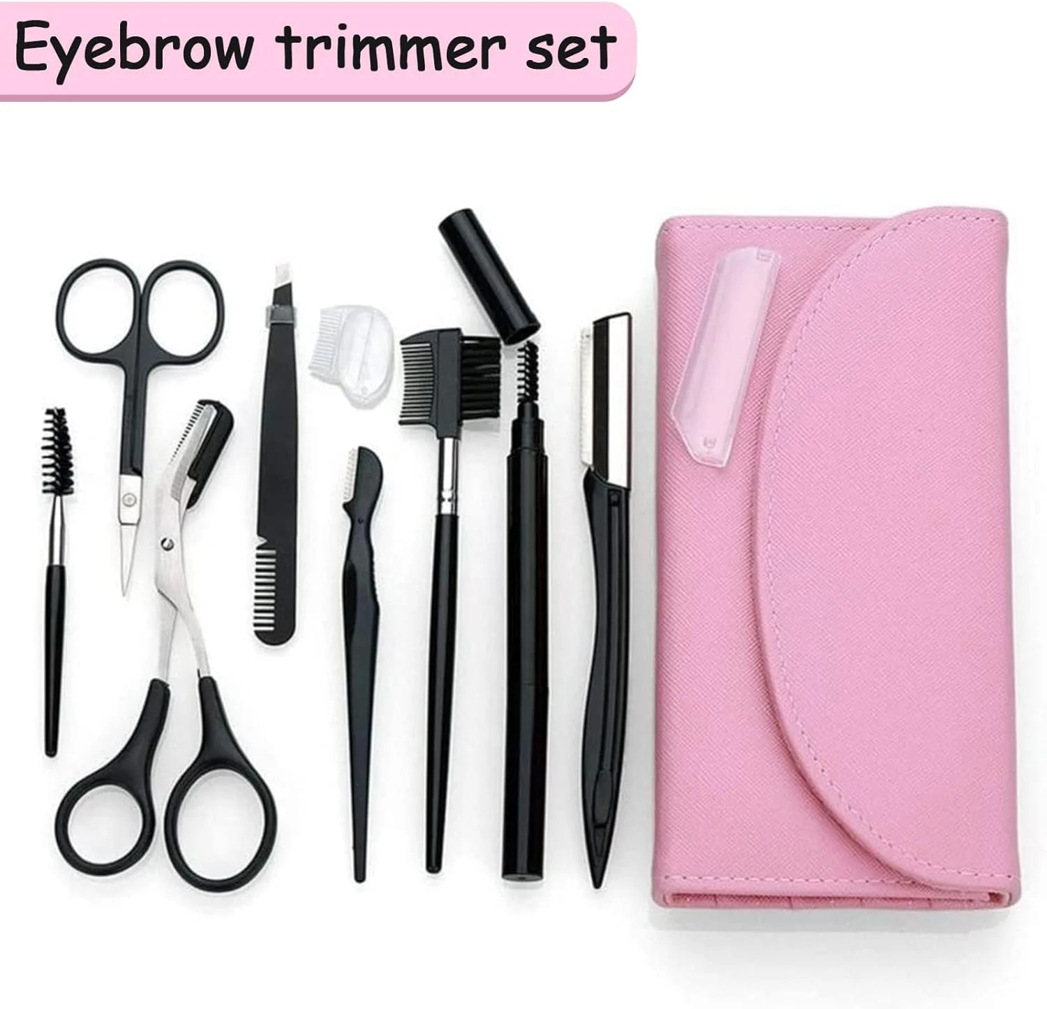 ست 8 عددی حرفه ای فرم دهی و مرتب سازی ابرو، شامل قیچی ابرو، مداد ابرو، برس ابرو، موچین، برس، ست ابزار آرایشی با کیف چرمی، مناسب برای خانم ها و آقایان (صورتی)