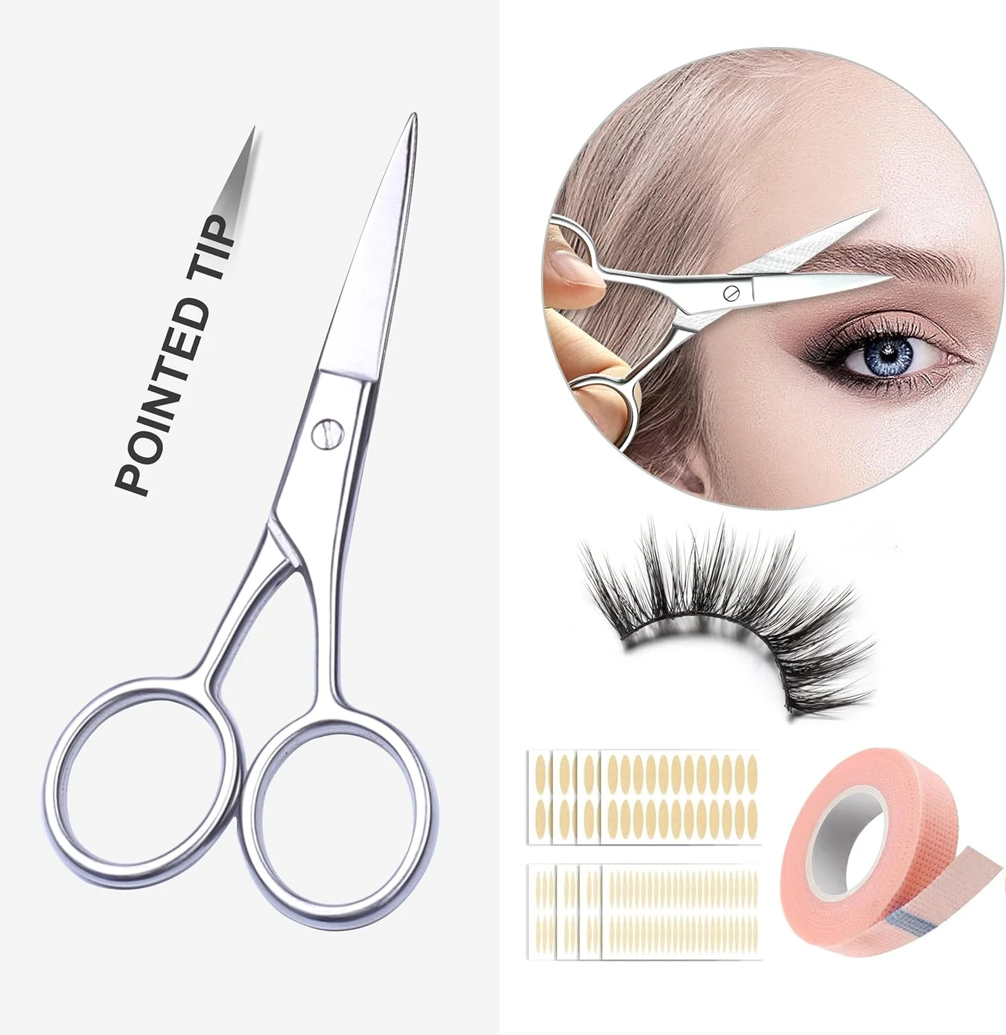 قیچی ابرو کوچک حرفه ای زنانه، قیچی آرایشی زیبایی صورت و مژه با کیف چرمی صورتی (نوک تیز)