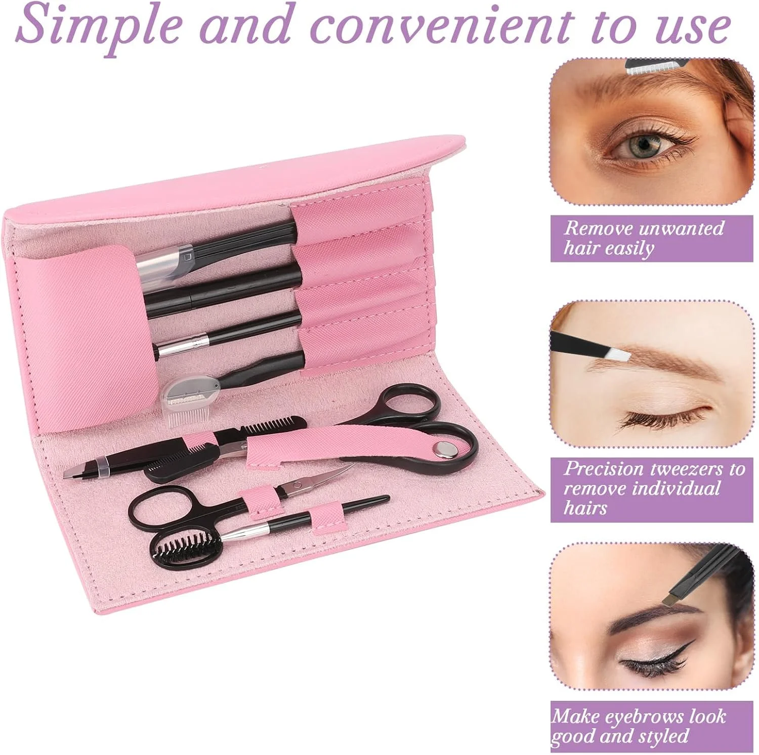 ست حرفه ای حالت دهی و مرتب سازی ابرو، ست 8 تکه مرتب سازی ابرو، به همراه کیف چرمی، ست اصلاح ابرو، قیچی ابرو، مداد ابرو، برس ابرو، موزن، برس، برای زنان و مردان