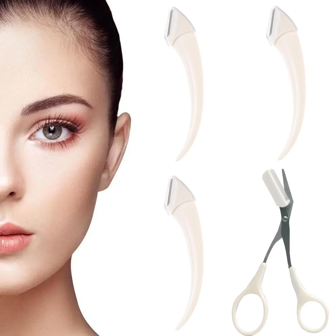 قیچی ابرو، 1 عدد قیچی ابرو و 3 عدد تیغ ابرو، ابروهای قابل جابجایی، قیچی اصلاح ابرو حرفه ای با شانه، برای آقایان و خانم ها، سفید