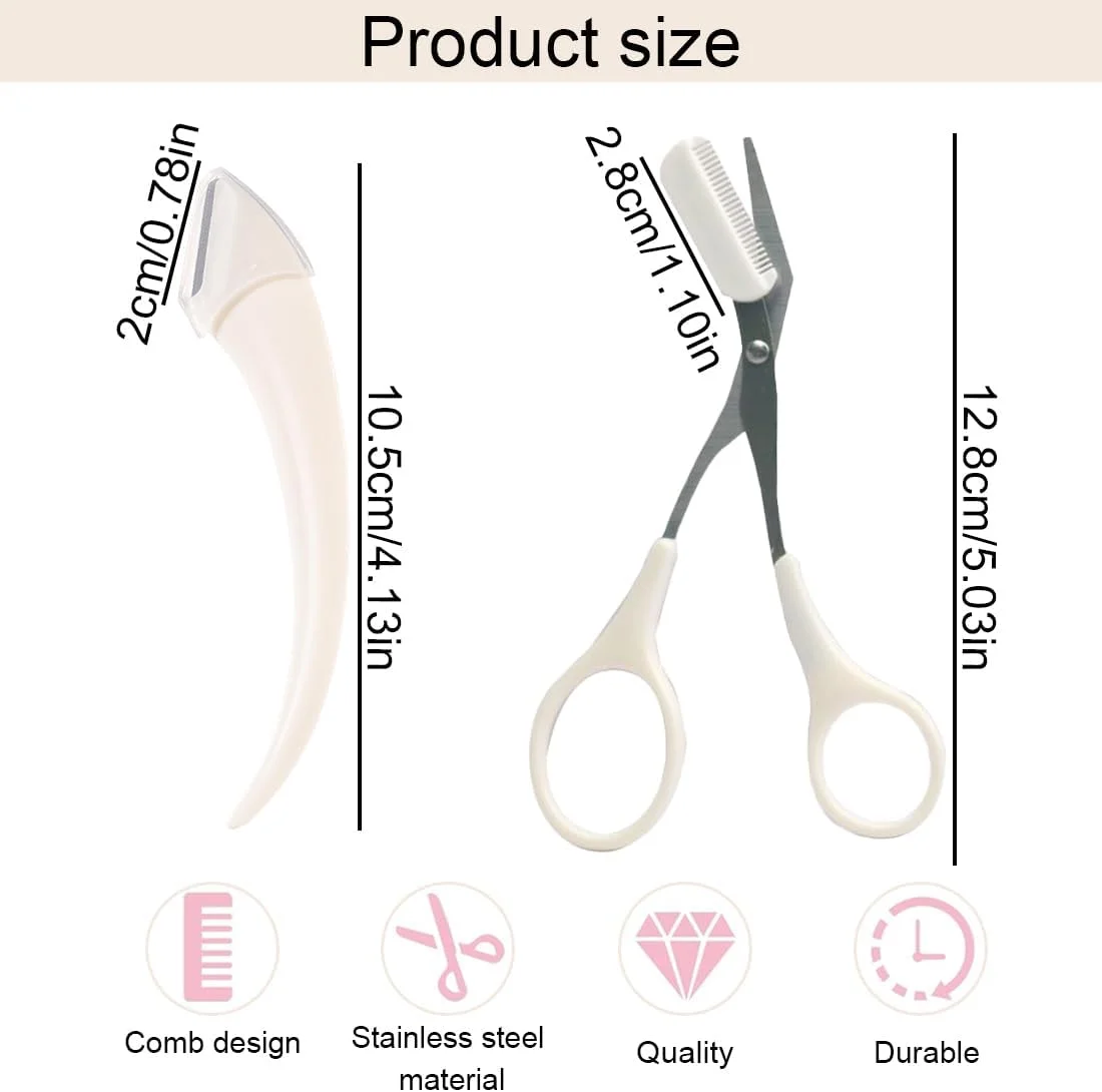 قیچی ابرو، 1 عدد قیچی ابرو و 3 عدد تیغ ابرو، ابروهای قابل جابجایی، قیچی اصلاح ابرو حرفه ای با شانه، برای آقایان و خانم ها، سفید