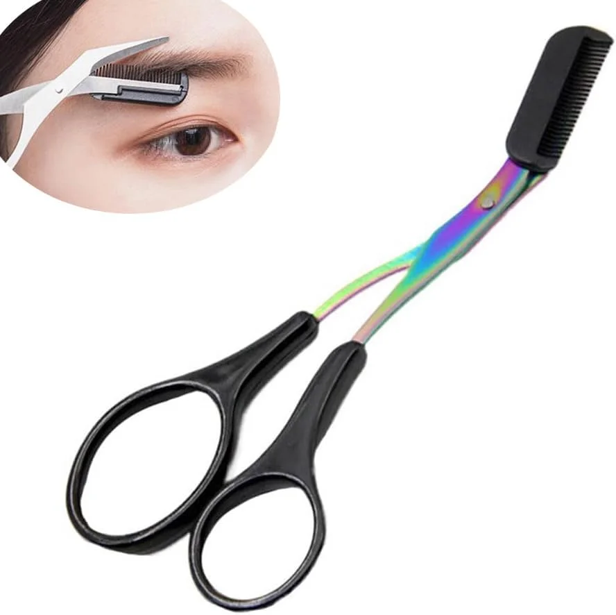 قیچی ابرو حرفه ای استیل ضد زنگ مشکی 1 عددی با شانه پلاستیکی، قابل حمل، ضد لغزش، اصلاح کننده ابرو، موبر، تریمر ابرو برای آقایان و بانوان