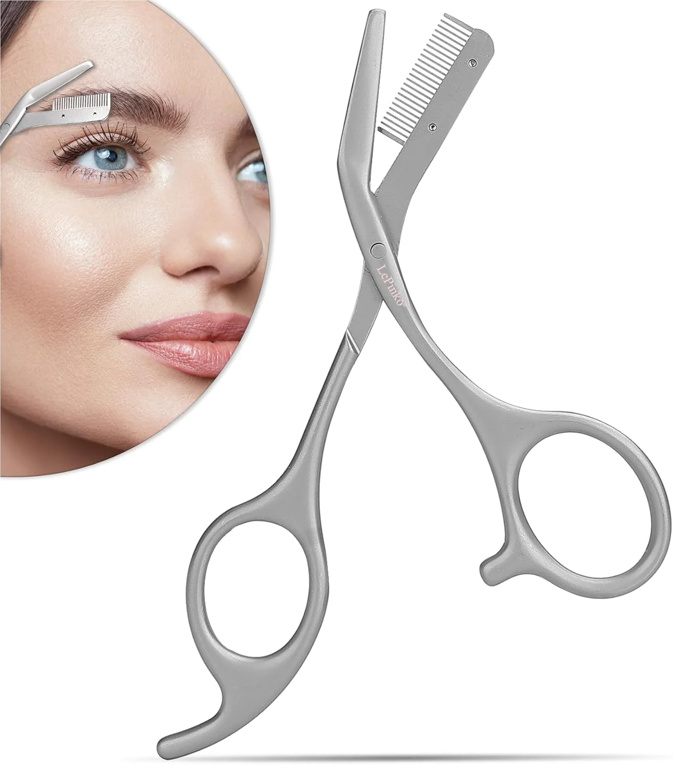 قیچی اصلاح ابرو LePinko با شانه، موزن ابرو، هدیه برای مردان و زنان، استیل ضد زنگ خاکستری