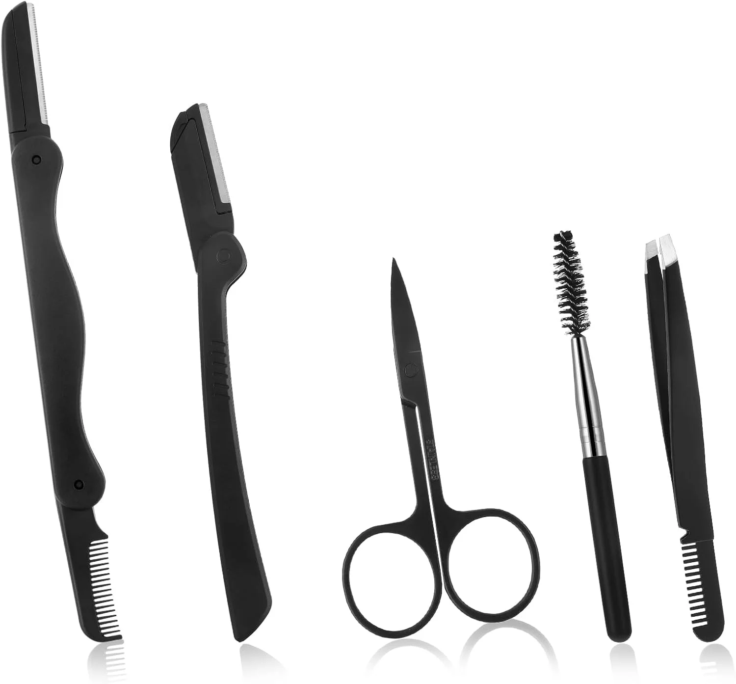 ست 5 تکه ابرو Telooco شامل شانه استیل، موچین، قیچی، تیغ ابرو و برس ابرو - ست حالت دهنده ابرو 5 در 1 - ست مرتب کننده ابرو برای ابروها، مژه مصنوعی، موی بینی و ریش